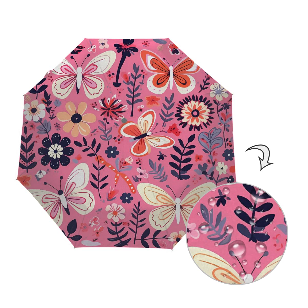 Ombrello pieghevole con motivo floreale astratto e farfalla, ombrello da viaggio, compatto, antivento, impermeabile, con protezione UV, rivestimento nero, leggero, 8 costine, portatile, per
