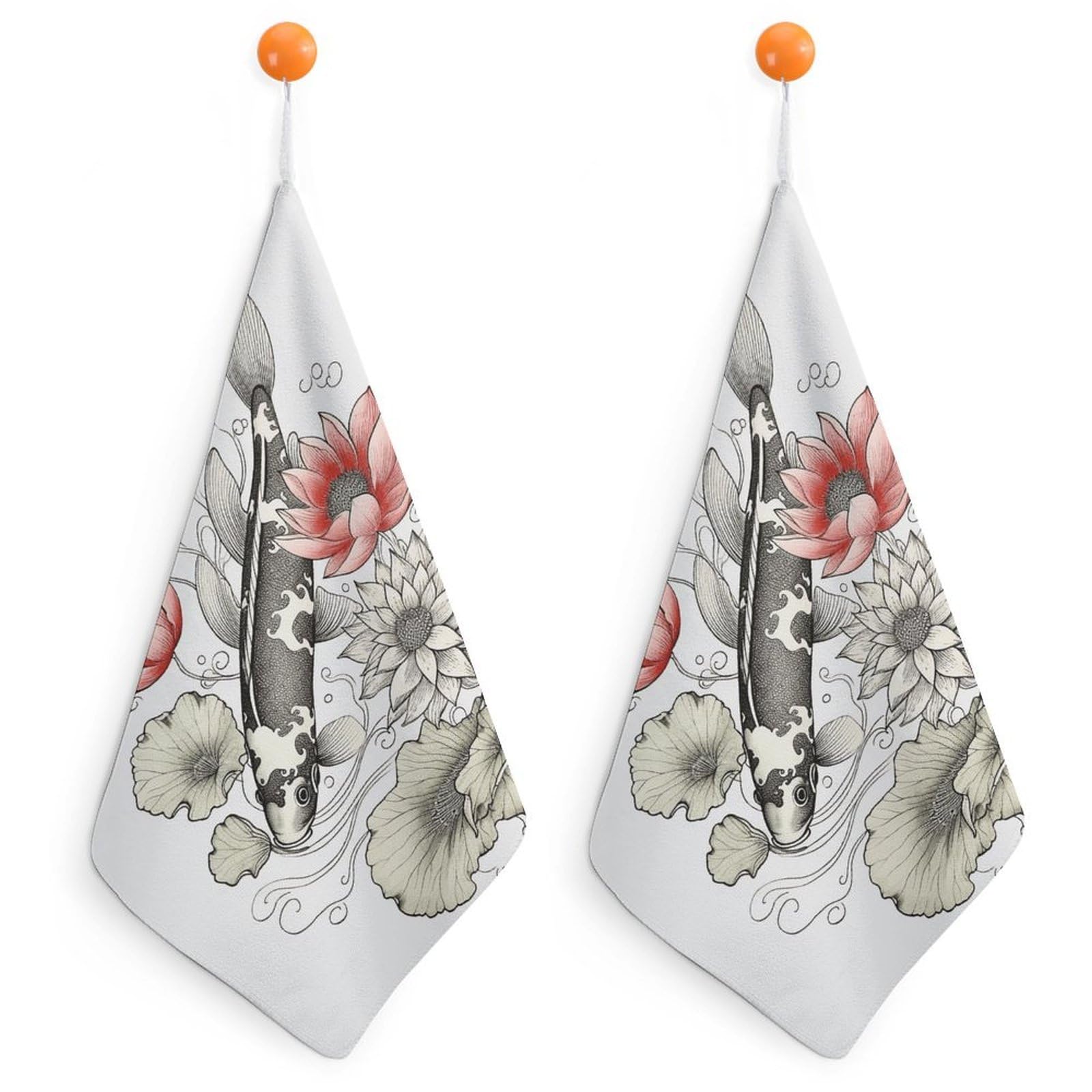 Fish Japanese Carp Lotus Leaves Flower Washcloth with Hanging Loop Quick Dry Microfiber Hand Towel Highly Absorbent Wash Cloth Reusable Makeup Remover Cloth Soft Feel Fingertip Towel for Bathroom