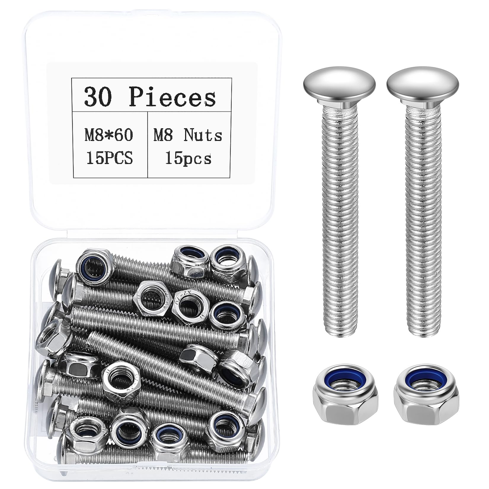 M8 Coach Bolts, 30 Pcs Cup Square Carriage Bolts and Nuts Set, M8 x 60mm Coach Screws, Coach Bolts with Hex Nuts, Long Bolts, Carbon Steel