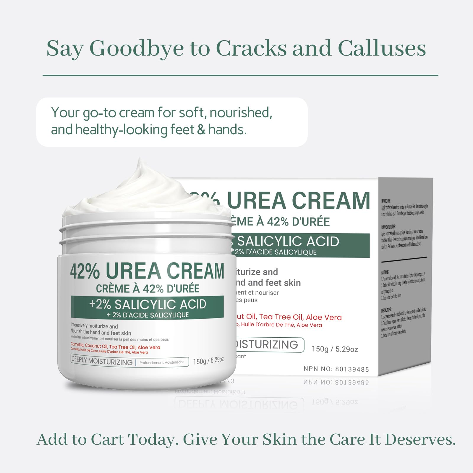 Urea Cream 42% - 2% Salicylic Acid Foot & Hand Moisturizer, 150g with Tea Tree Oil, Aloe Vera & Coconut Oil, Non-Greasy Daily Care for Men & Women (green) — view 6