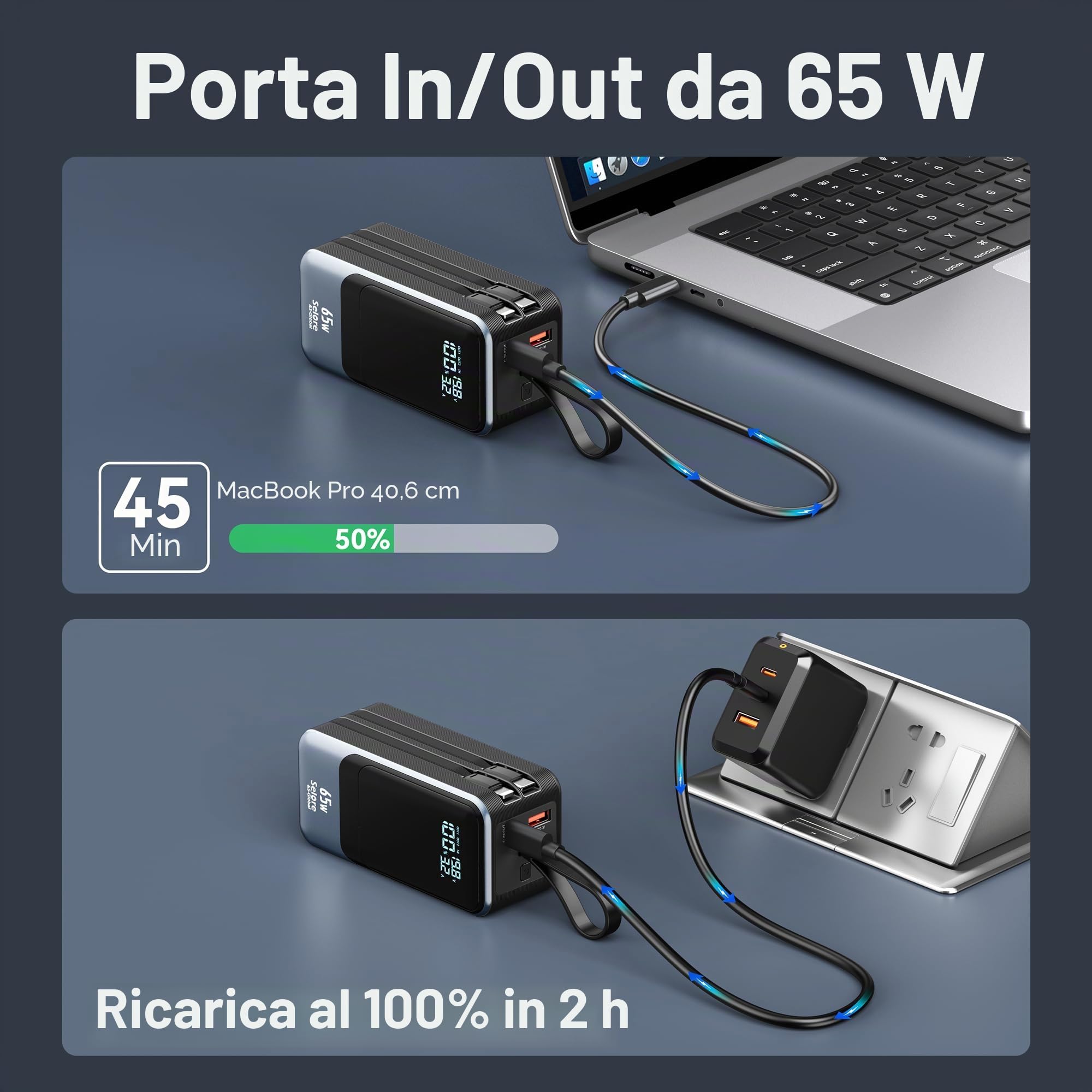 Selore&S-Global Power Bank, 65W Caricatore Portatile Ricarica Rapida, USB C Powerbank con Cavi Integrati, 4 Porte, Batteria Esterna per MacBook iPhone 17 16 15 14 Samsung Dell HP Steam Deck iPad Pro
