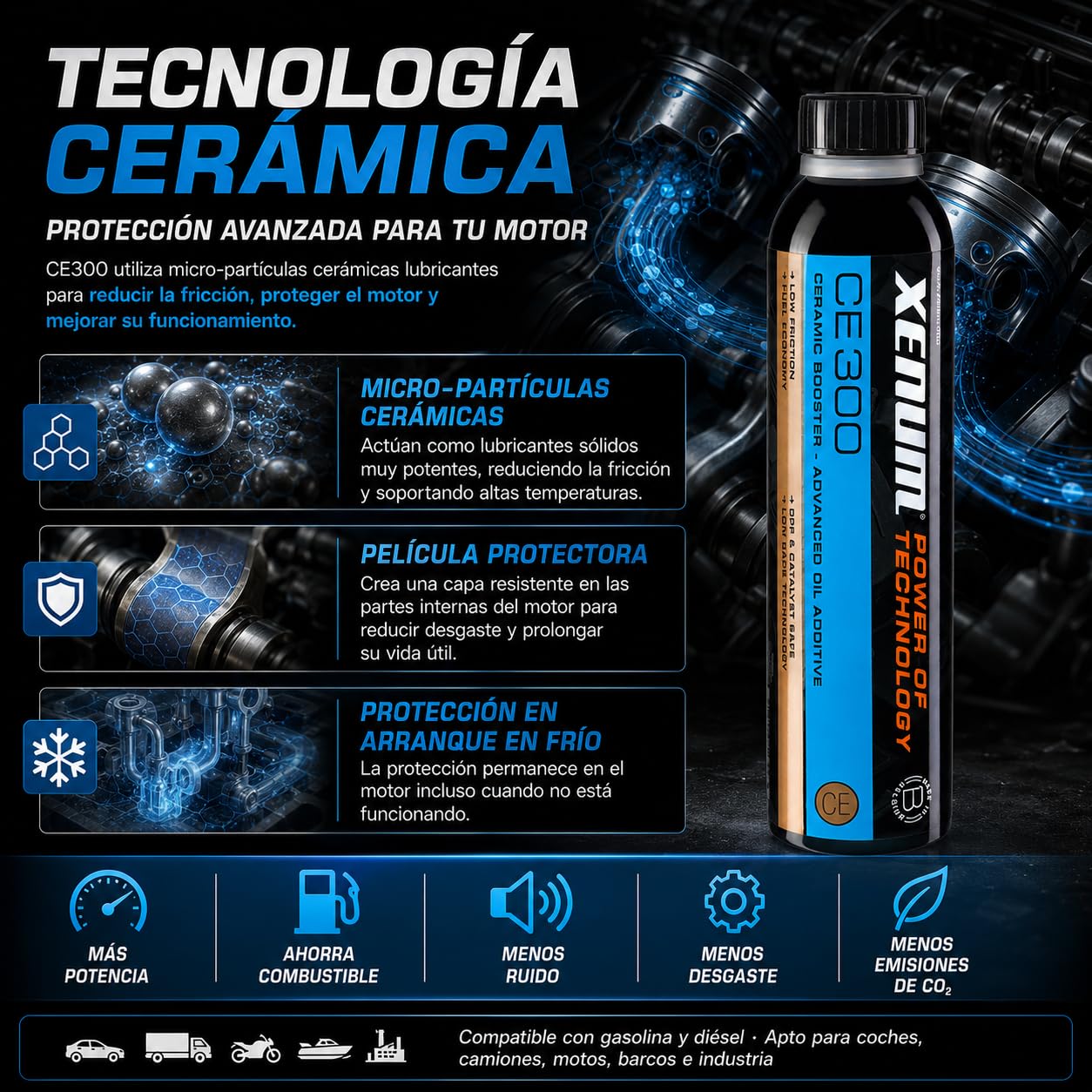 Genérico Xenum CE300 Aditivo Cerámico para Aceite de Motor 300 ml | Reduce Fricción, Ruido y Desgaste | Mejora Rendimiento y Consumo | Compatible Diésel y Gasolina | Coches, Motos, Camiones y Barcos