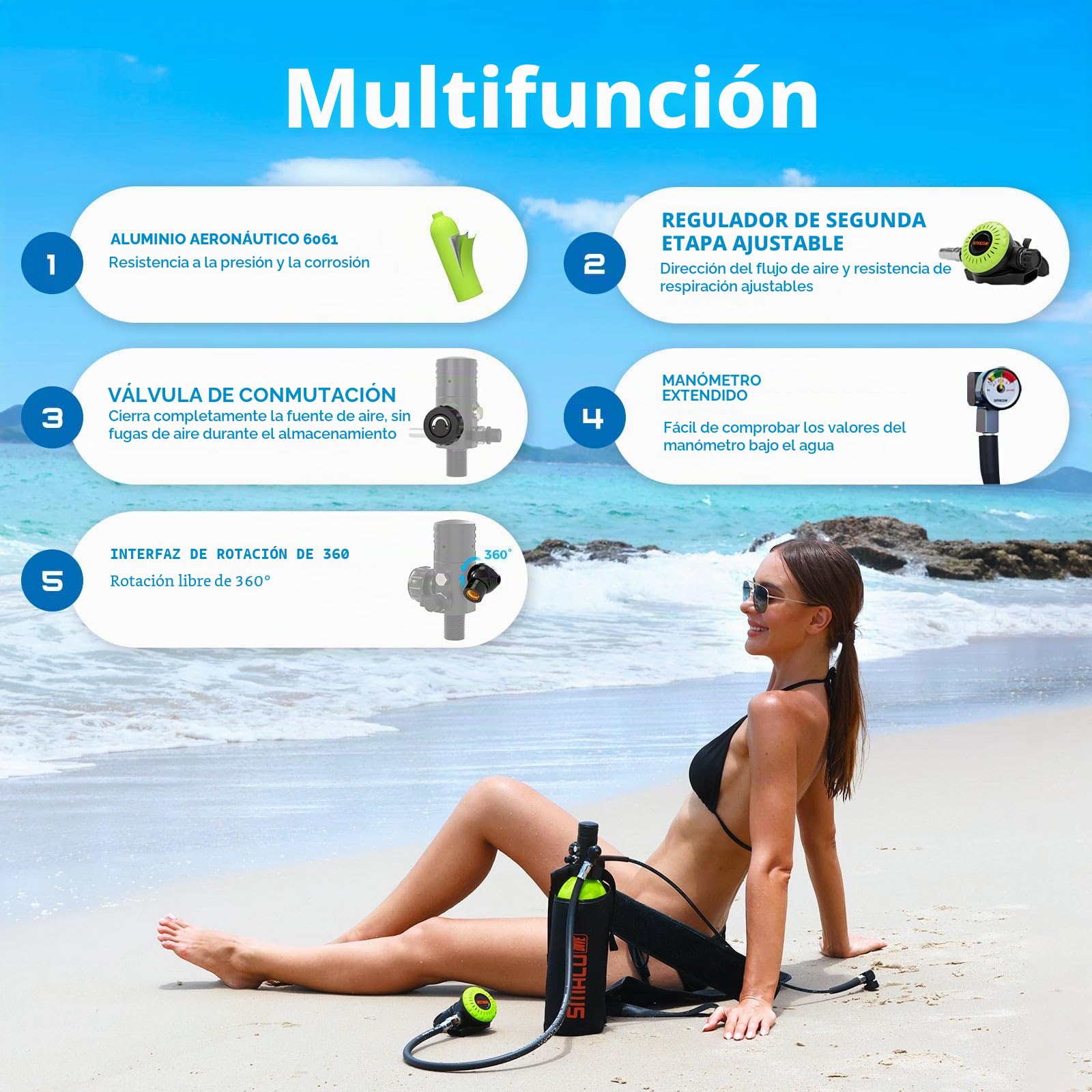 SMACO Mini Botella de Buceo 1 litro Portatil Bombona de Buceo para Respiración Subacuática Pequeñas Botella Submarinismo Tanque de Buceo Recargable para Viajes Nadar Rescate S400 Pro