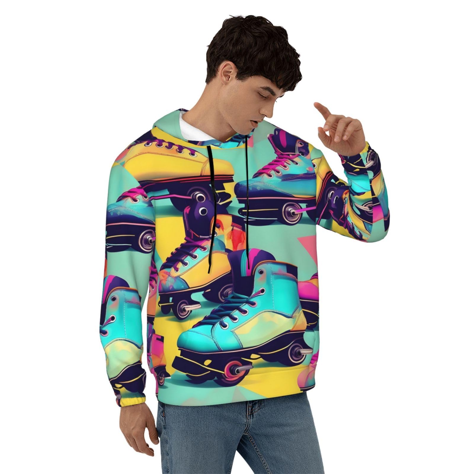 Męska bluza z kapturem w stylu retro z kolorowym nadrukiem, casualowa grafika z nadrukiem bluzy z kapturem z kieszenią