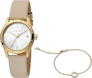 ساعة للنساء بسوار جلد بيج من اسبريت, ذهبي، انالوج