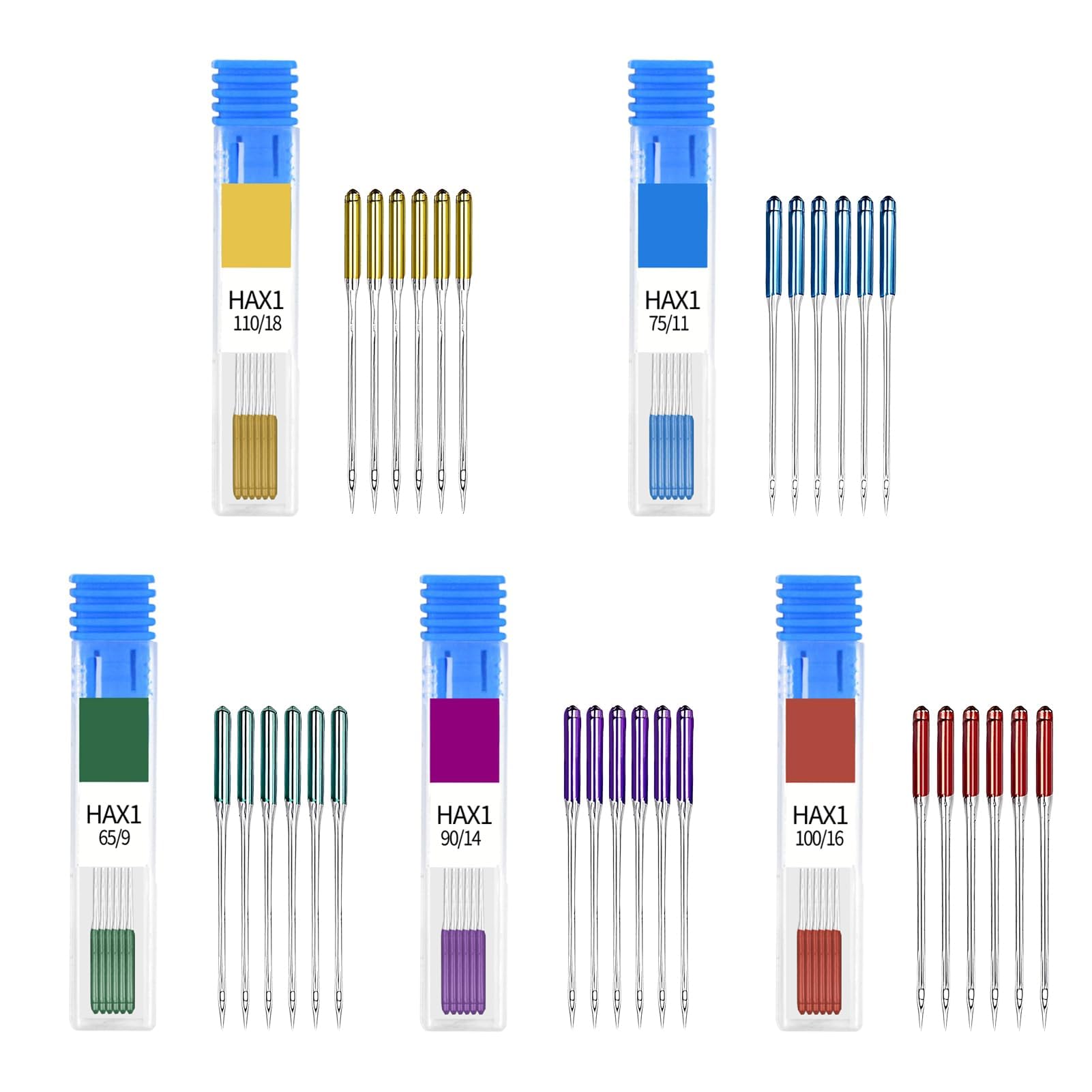 Sewing Machine Needles, 30 Pcs Universal Regular Point Machine Needles for Singer Brother Janome Varmax Home Sewing Machines Sewing Needles with Size in HAX1 65/9,75/11,90/14,100/16,110/18 (5 Colors)