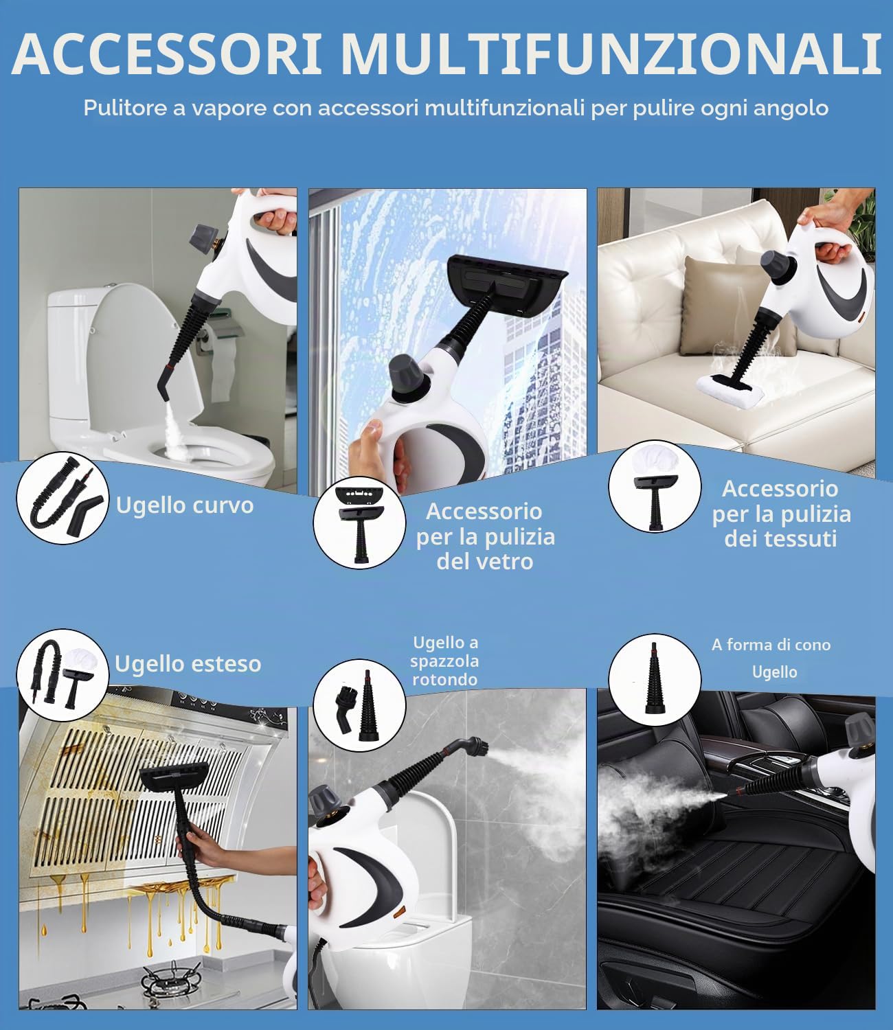 Pulitore a Vapore Portatile, 1050 W Pulitore a Vapore Casa con 12 Accessori, Pressione 3,5 bar Steam Cleaner, Pistola a Vapore Multifunzione per Tappeto, Divani, Cucina, Bagno, Auto, Pavimenti