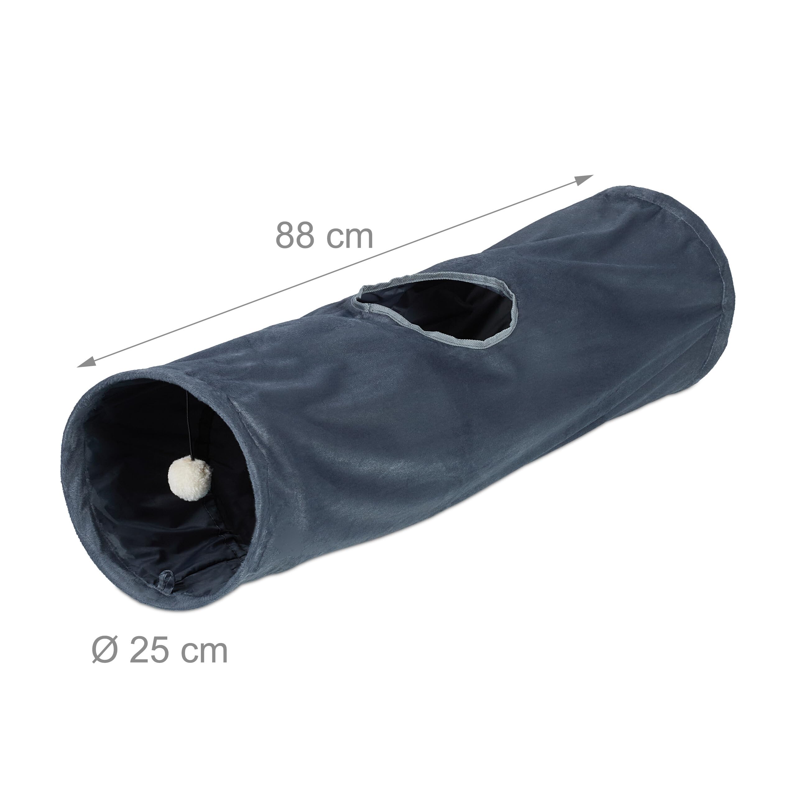 Relaxdays Cat Tunnel, Soft Plush Lining, with Play Ball, Foldable, W x D: 88 x 25 cm, Interactive Toy, Grey, Polyester, 25 x 88 x 25 cm - Image 4