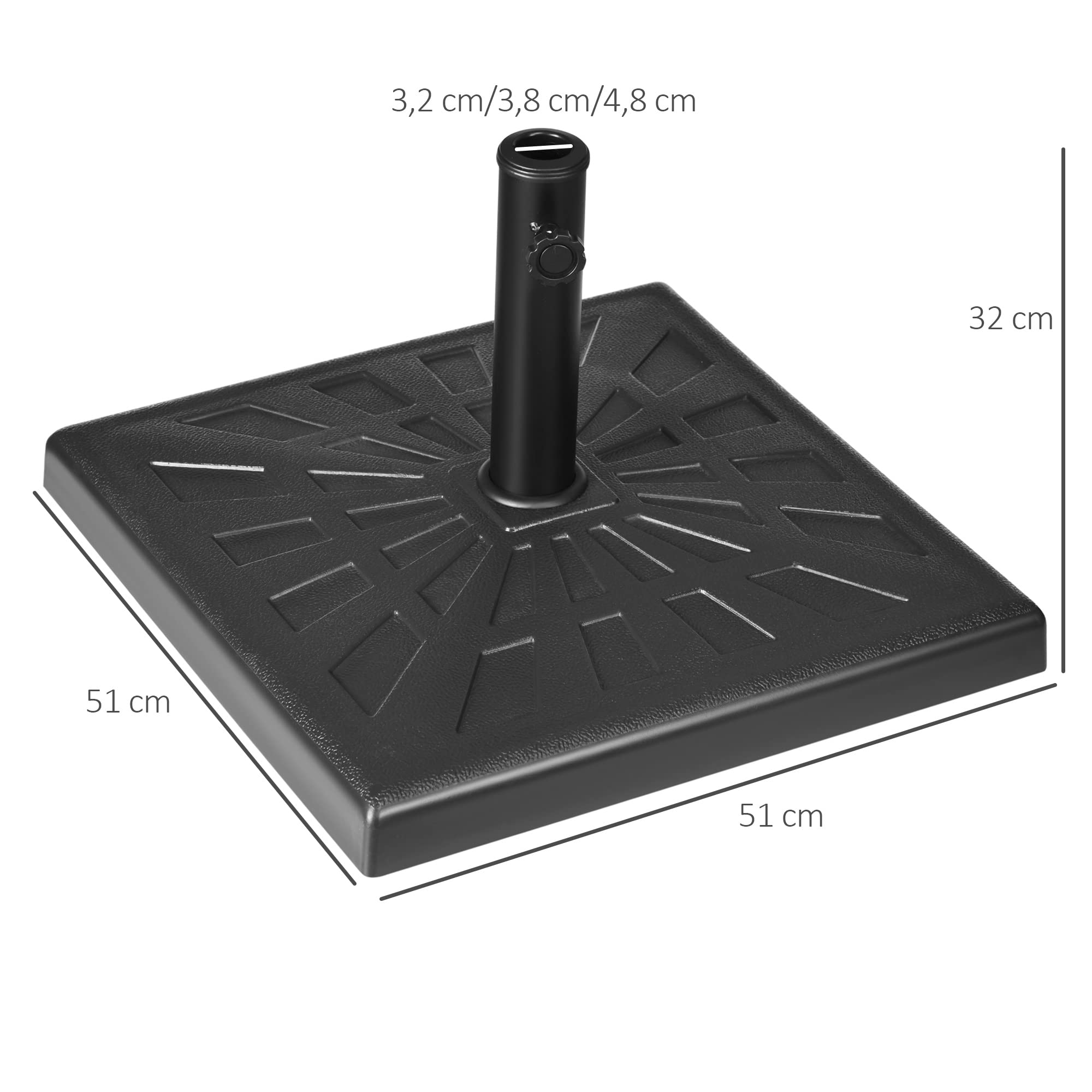 Outsunny Pied de Parasol 19 kg en Polyrésine, Socle Parasol Extérieur Carré 51 cm pour Mâts de Ø 32/38/48 mm, Base de Parasol pour Jardin Patio Terrasse, Noir