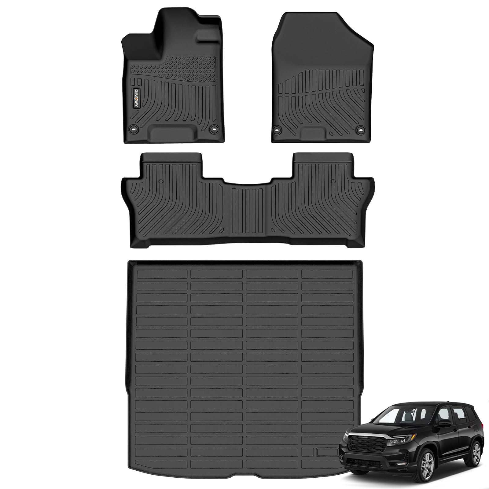 GINOWY-Floor Mats & Cargo Liner for Honda Passport 2019-2024 2025, TPE All Weather Protection Car Mats Custom Anti-Slip Trunk Mat 2025 Passport Floor Liners Waterproof Passport Accessories Black