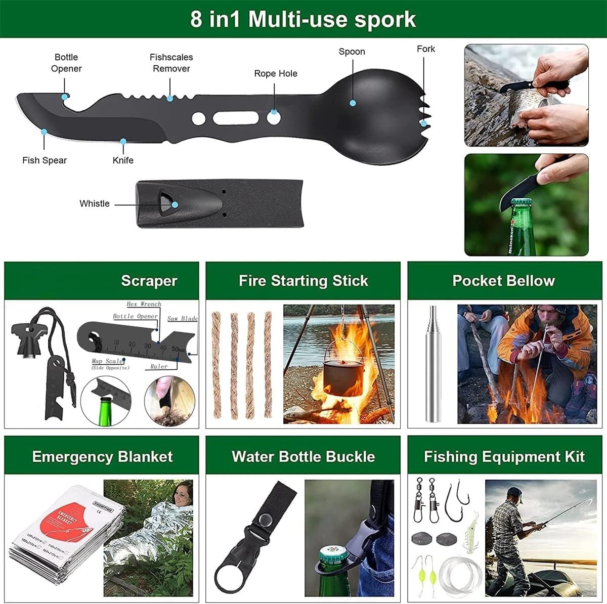 scosao Survival Kit 157Pcs Außen Notfall Ausrüstung Survival Set Outdoor Militär Erste-Hilfe-Kit Mehrzweck-Überlebenskit mit Molle-Beutel, für Herren, Camping Abenteuer/Wandern/Jagden