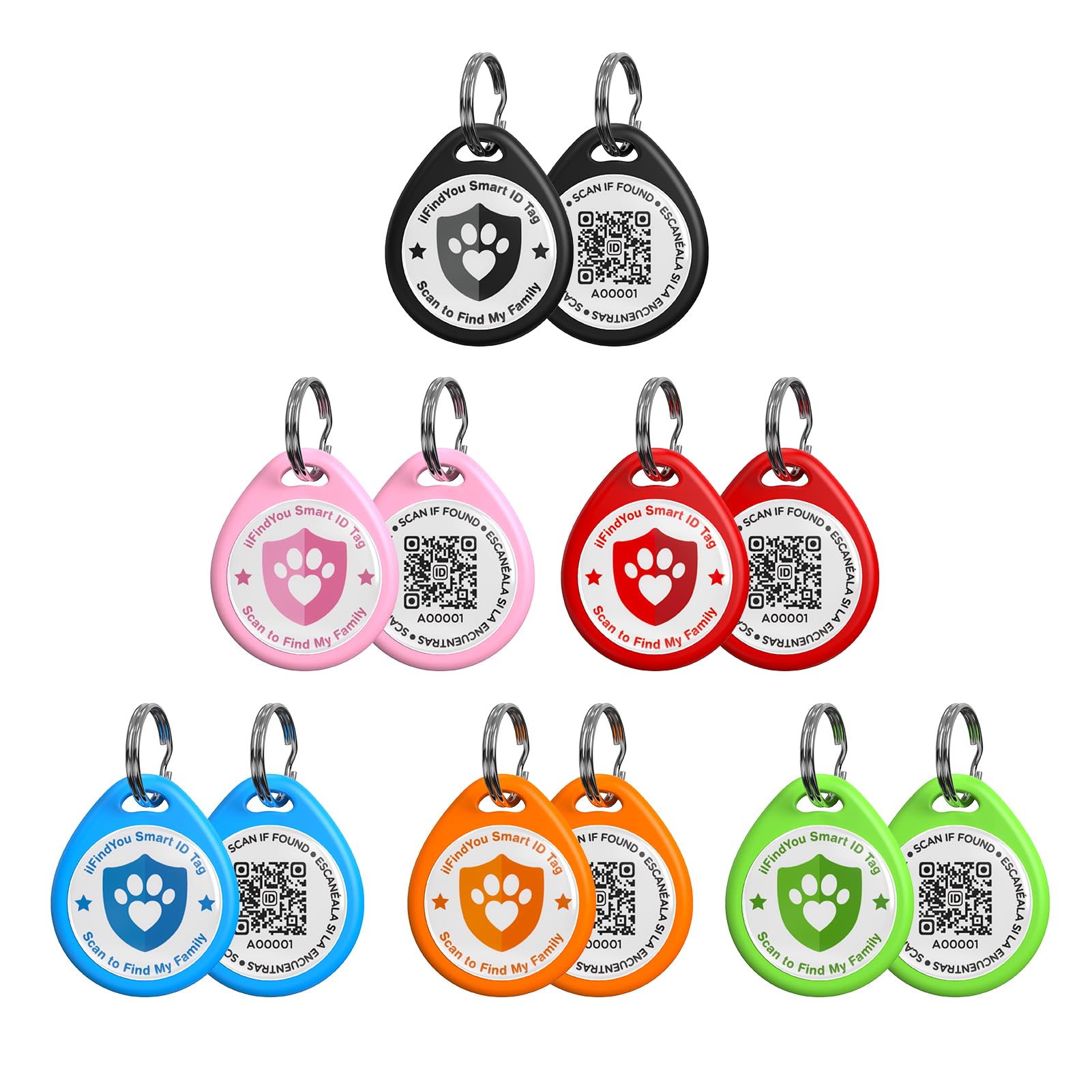 Paquete de 6 etiquetas de identificación de mascotas con código QR para collar de perro, perfil en línea, alertas de ubicación de escaneo, colores mezclados