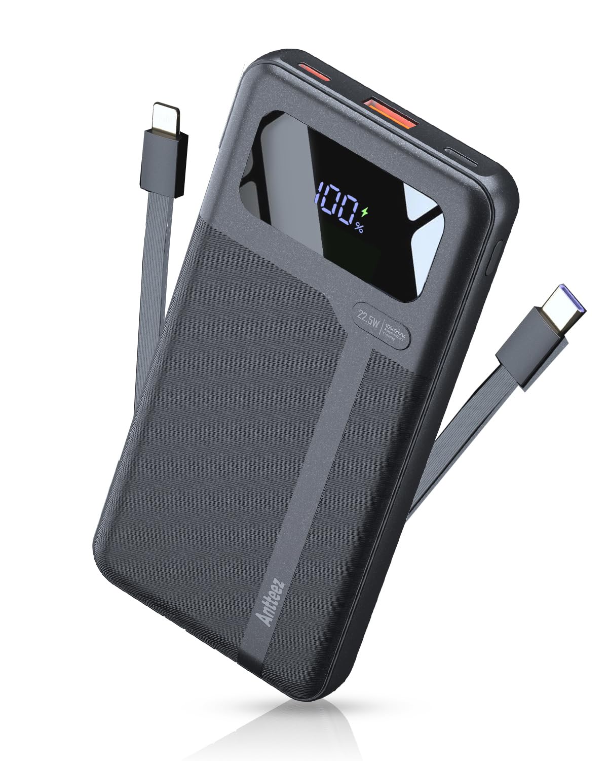 Antteez Cargador portátil de 10,000 mAh, batería externa de carga rápida con cables integrados, batería de viaje USB C de 22,5 W, pantalla LED y 4 salidas, compatible con iPhone, Samsung, iPad