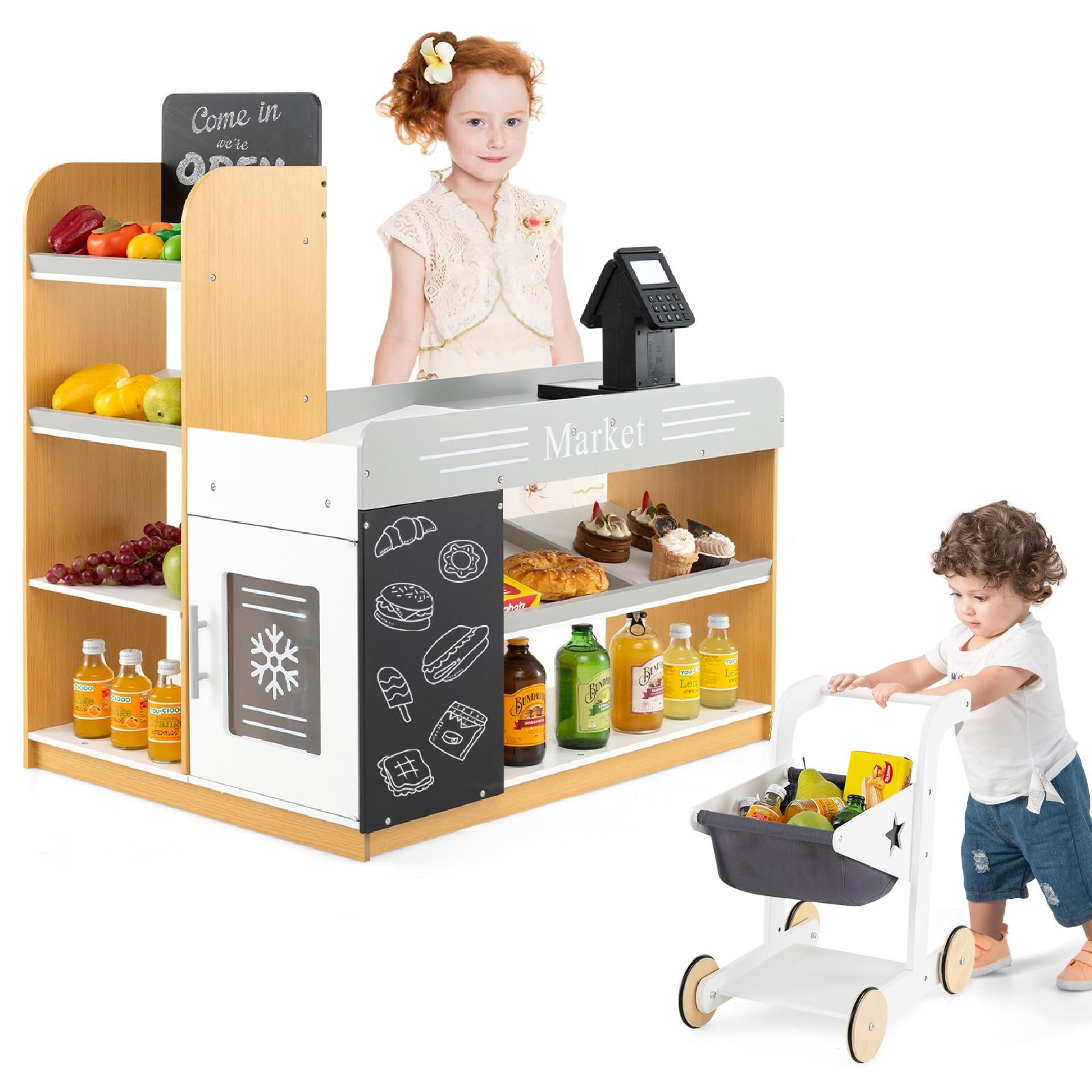 Costzon Kids Grocery Store Playset, Wooden Play Store w/Shopping Cart, Chalkboards, Refrigerator & Display Shelves, Grocery Store Pretend Play for Boys Girls 3+ Years Old