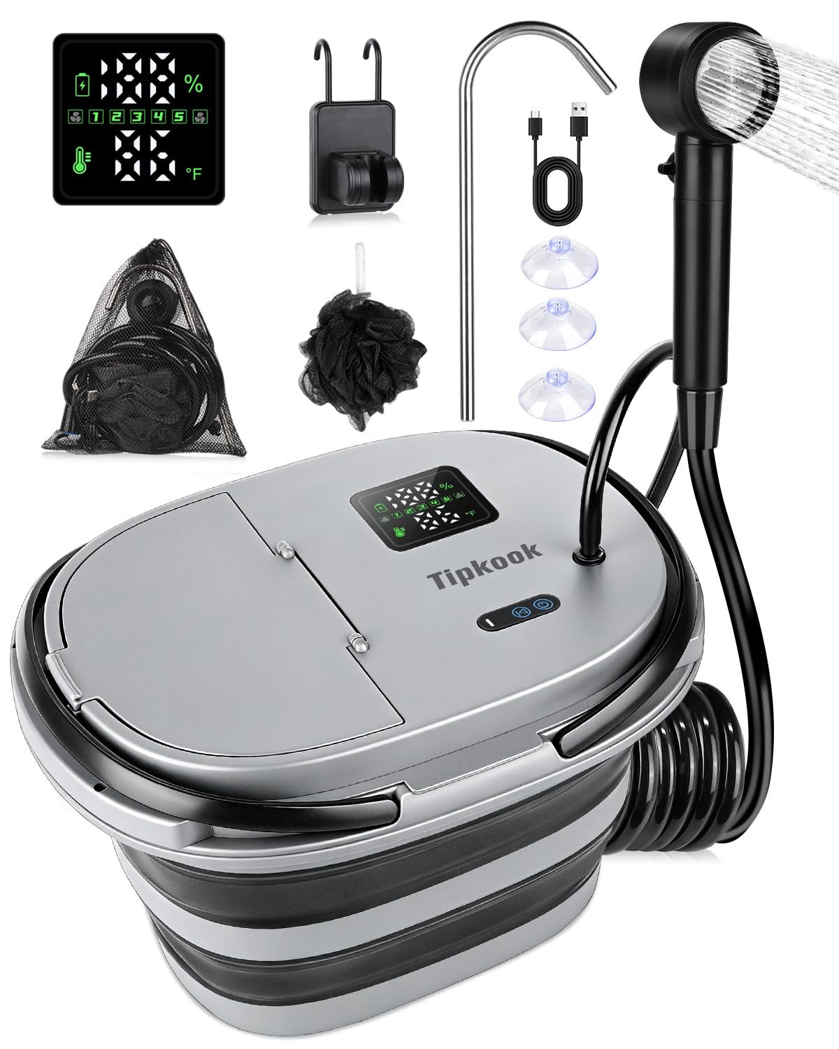 Ducha Portatil Camping, [Pantalla Inteligente] [Nueva Versión] 13000mAh Recargable Ducha Camper con 20L Cubo Plegable Multiusos, Ducha Electrica para Acampar, Ducha de Playa & Perros