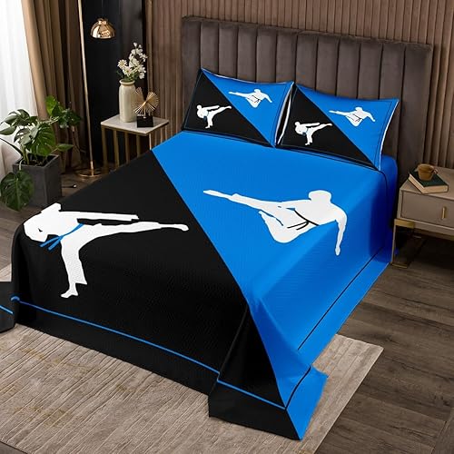 Miniatura 2 de Castle Fairy Taekwondo - Juego de colcha de tamaño Queen para niños, niñas y niños, juego de edredón de estilo japonés Kungfu, colcha negra y azul,