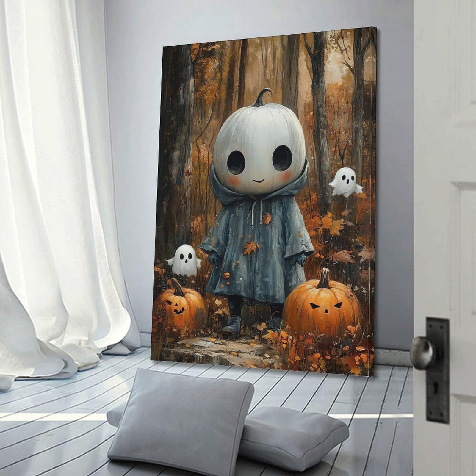 Poster su tela con stampa moderna per la casa, poster di Halloween, zucca, elfo della foresta, immagine carina e ha un senso del festival, decorazioni per Halloween, 50 x 75 cm, con cornice