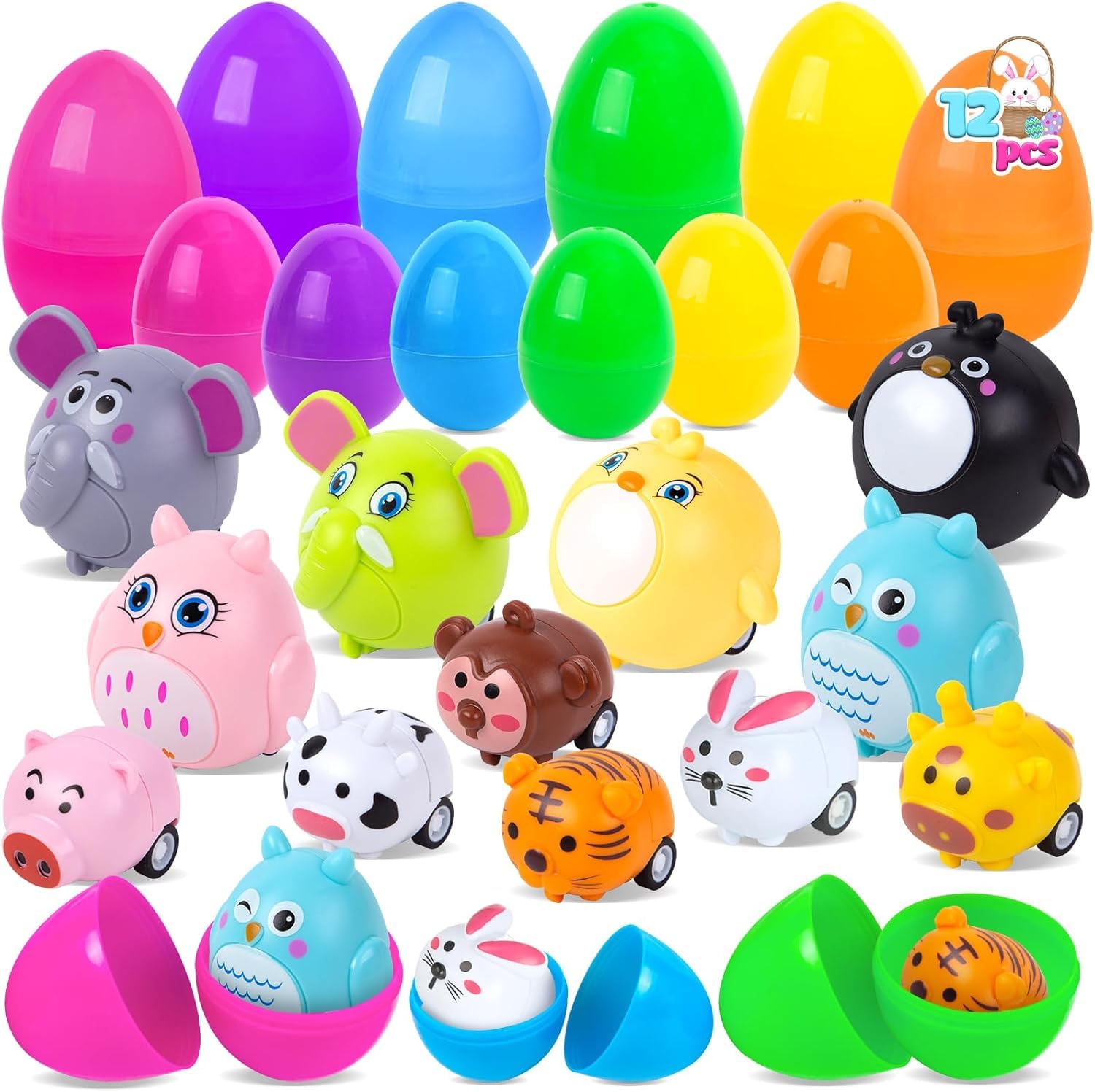 ALUNME Prefilled Easter Eggs, 12 Pieces, Filled Eggs Surprise, Colorful Prefilled with Different Kinds of Pull Back Cars, Perfect for Easter Hunt, Basket Fillers,Prizes Classroom Events,Party Favors