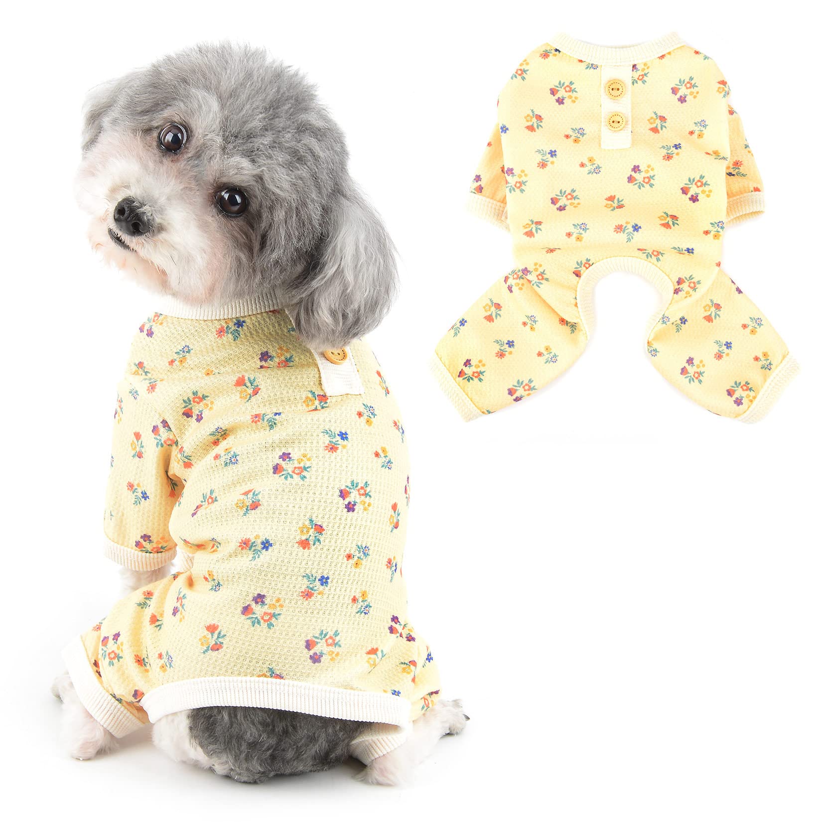 Ranphy Waffle Dog Pajamas for Small Dog Pet Pyjamas Floral Printing Puppy Breathable Four-Legged Jumpsuit Pjs Anti-Hair Apparel for Cats, Yellow, XL
