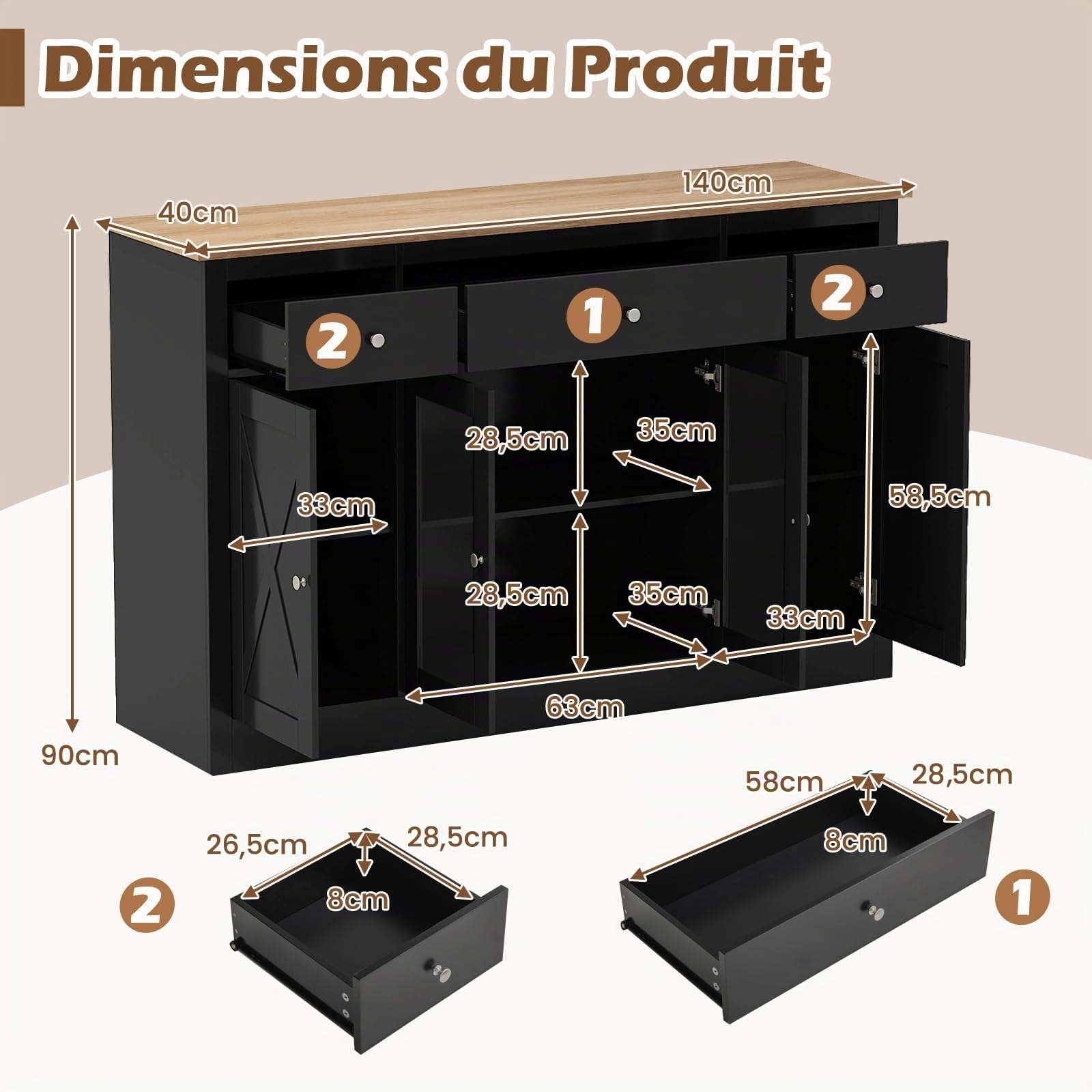COSTWAY Buffet, Meuble de Cuisine avec 3 Tiroirs, 2 Portes Vitrées, Étagères Réglables, Style Compagne, Kits Anti-basculement, 140 x 40 x 90 cm, Meuble de Rangement pour Salle à Manger, Salon (Noir)