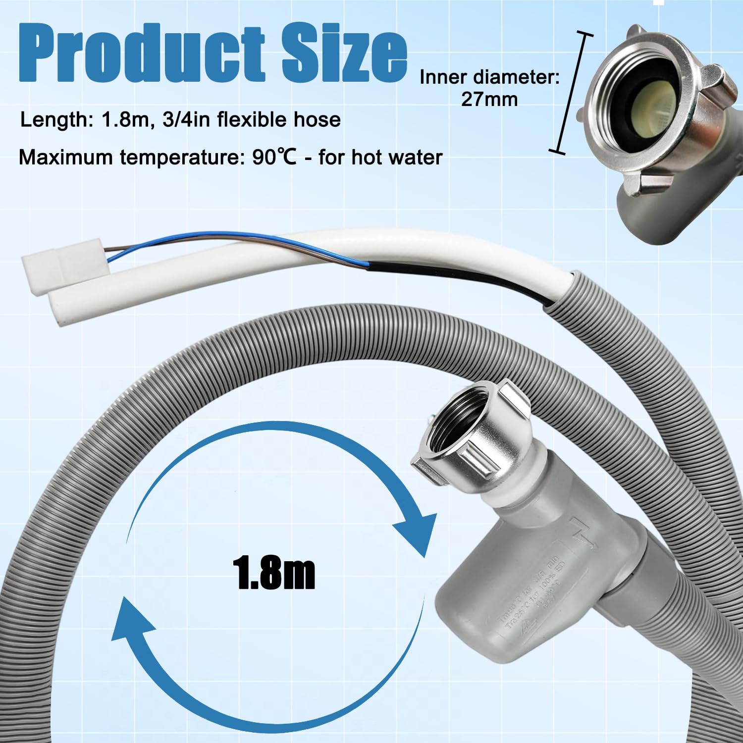 Aquastop Zulaufschlauch 1,8M Universal Einlassschlauch für Geschirrspüler, Universal Geschirrspülerschlauch, Kompatibel mit Miele Bosch Siemens AEG Electrolux Zanussi Beko LG 10499862 7638500
