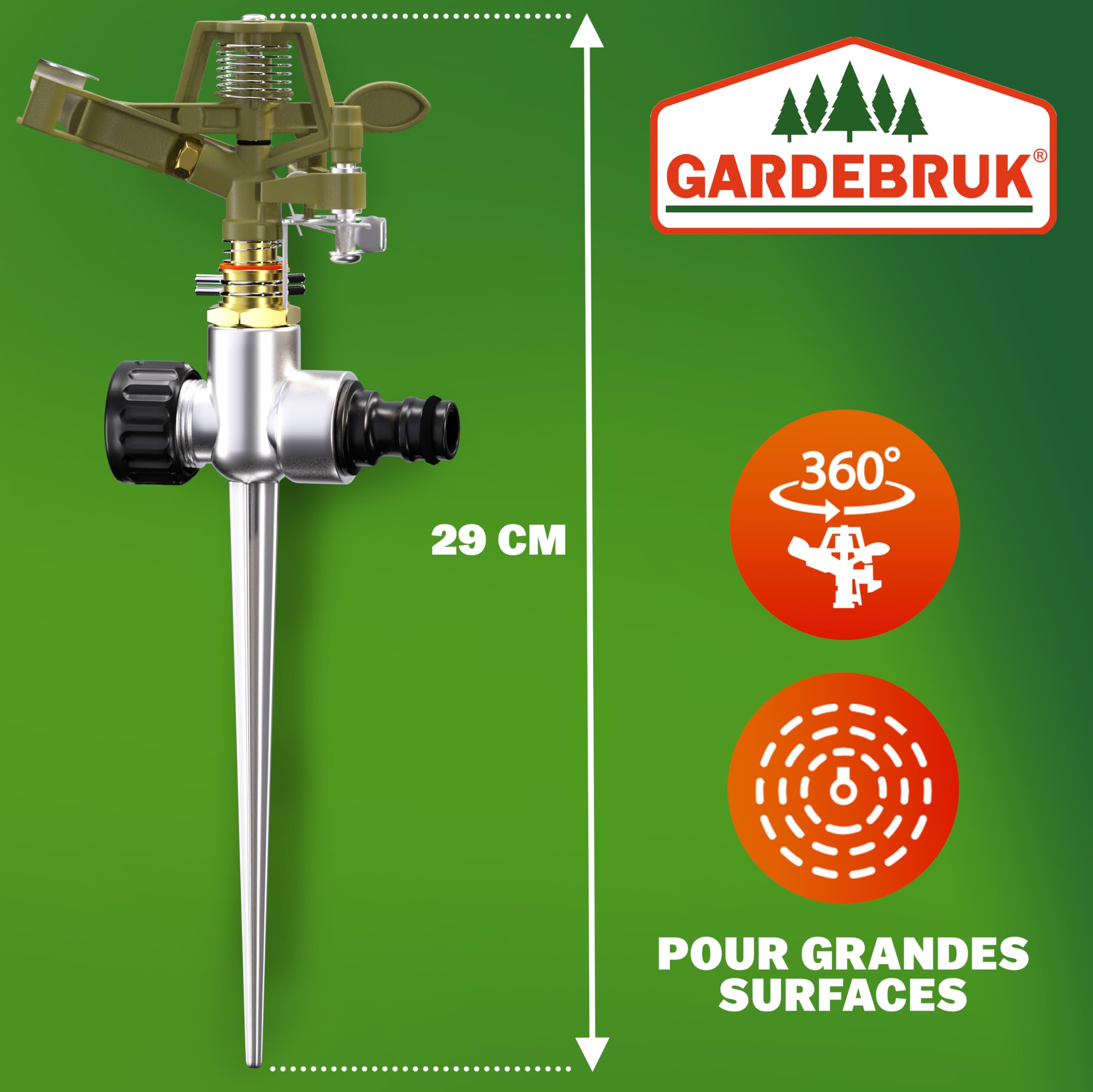 2X Arroseur Jardin Sprinkler Piquet de Terre Irrigation jusqu'à 24m 360° Embout pulvérisation irrigateur arroseur à impulsions Max. 450m²