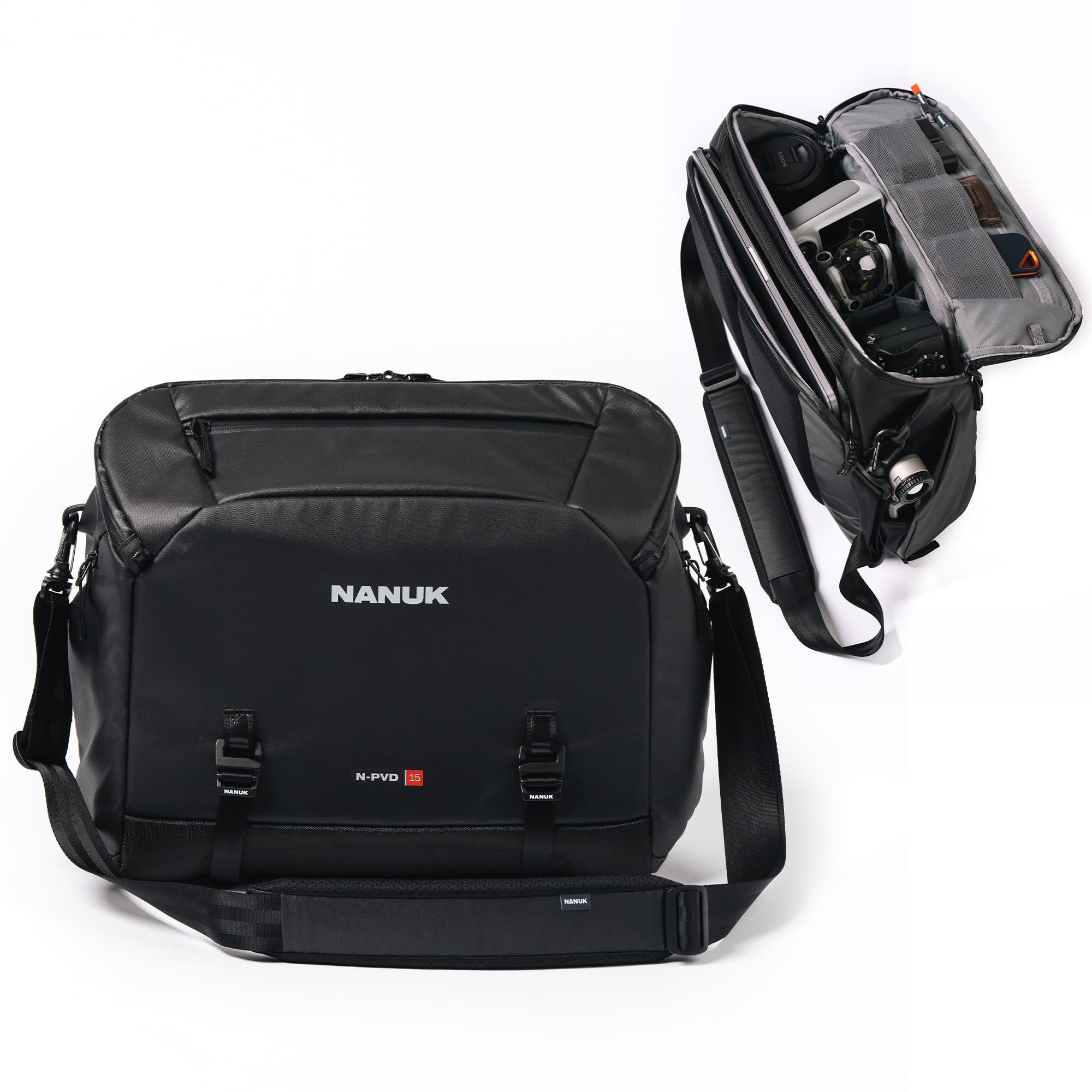 NANUK N-PVD 15L Camera Messenger Bag for Photographers – Lightweight &amp; Hightly Water Resistant – Hardshell Design Fits 1 Camera Body, 2 Lenses, Drone, Tripod, 16″ Laptop, &amp; More