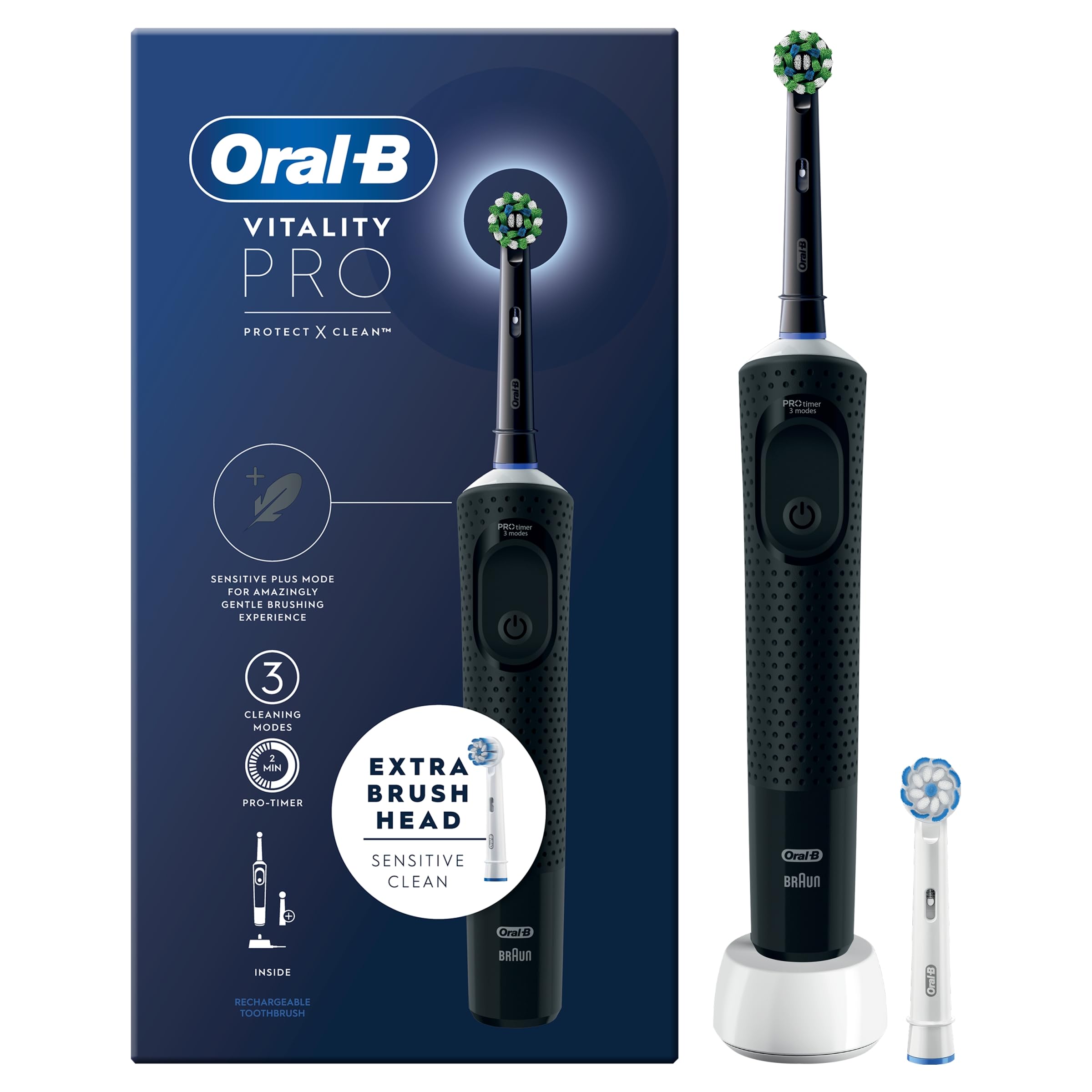 Oral-B Vitality Pro Spazzolini elettrici per adulti, per lui/lei, 1 manico, 2 testine, 3 modalità di spazzolatura tra cui Sensitive Plus, spina UK a 2 pin, nero (la confezione può variare)