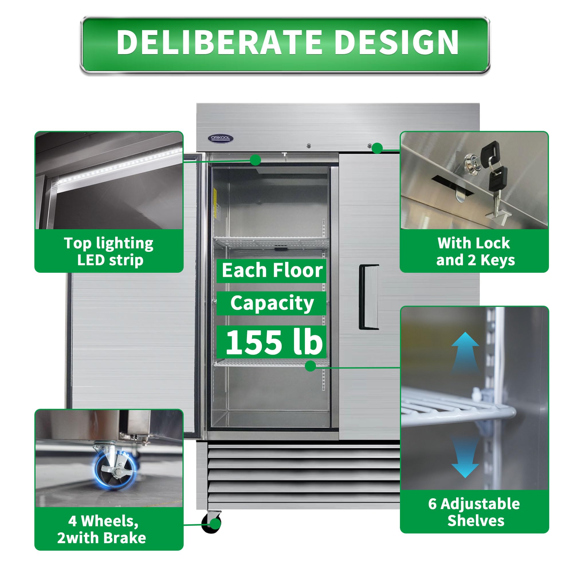 54"W Commercial Freezer 49 Cu.Ft With 2 Solid Door Reach-In Freezers Stainless Steel Etl Approved Upright Freeze Storage, -10℉ ~ 10℉ on Fridge.com - View 3