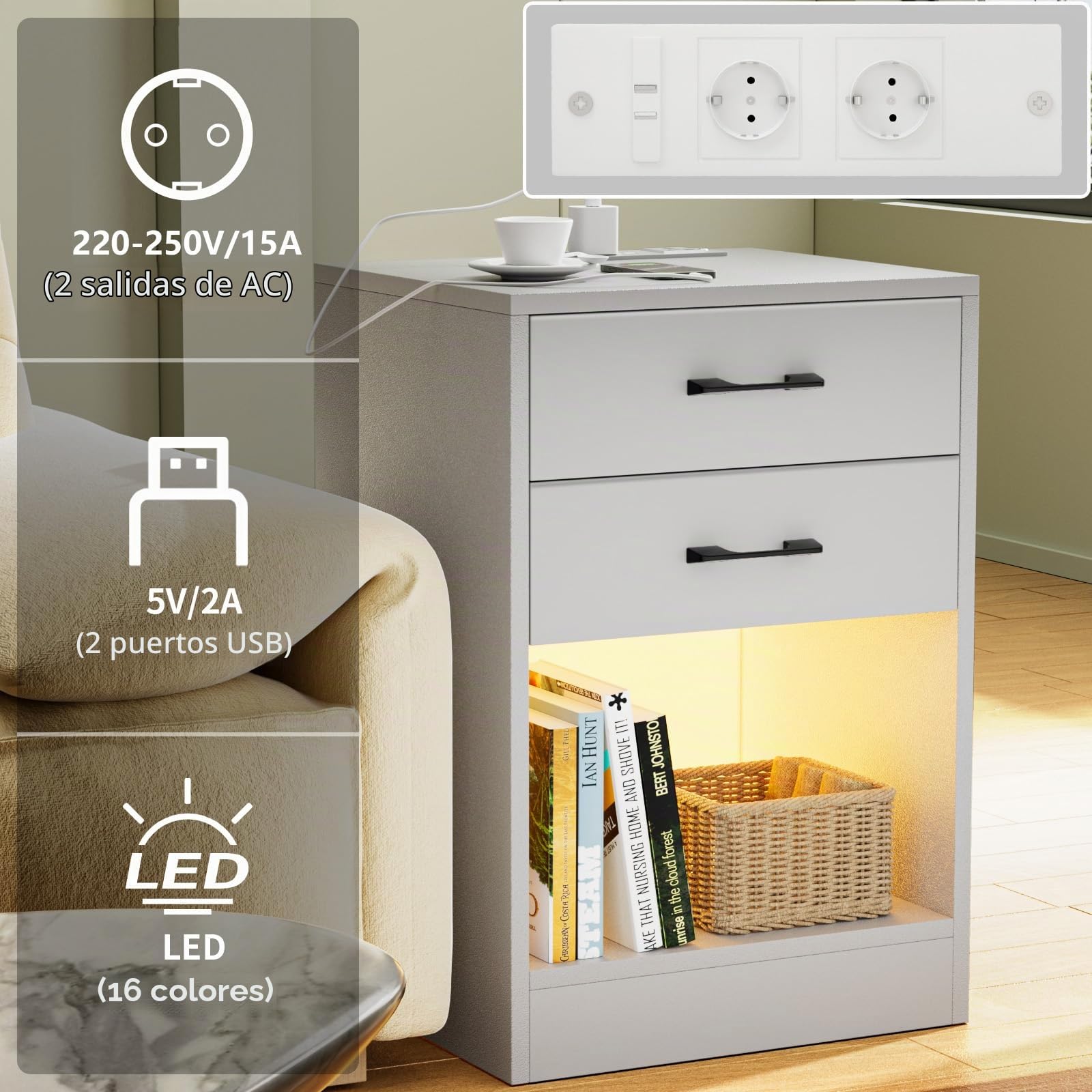 Mesitas de Noche Blancas, Mesita de Noche Led, Mesa de Noche con estación de Carga, 2 cajones, Armario de Cama, Estilo Moderno, para Dormitorio, salón 40x35x60cm
