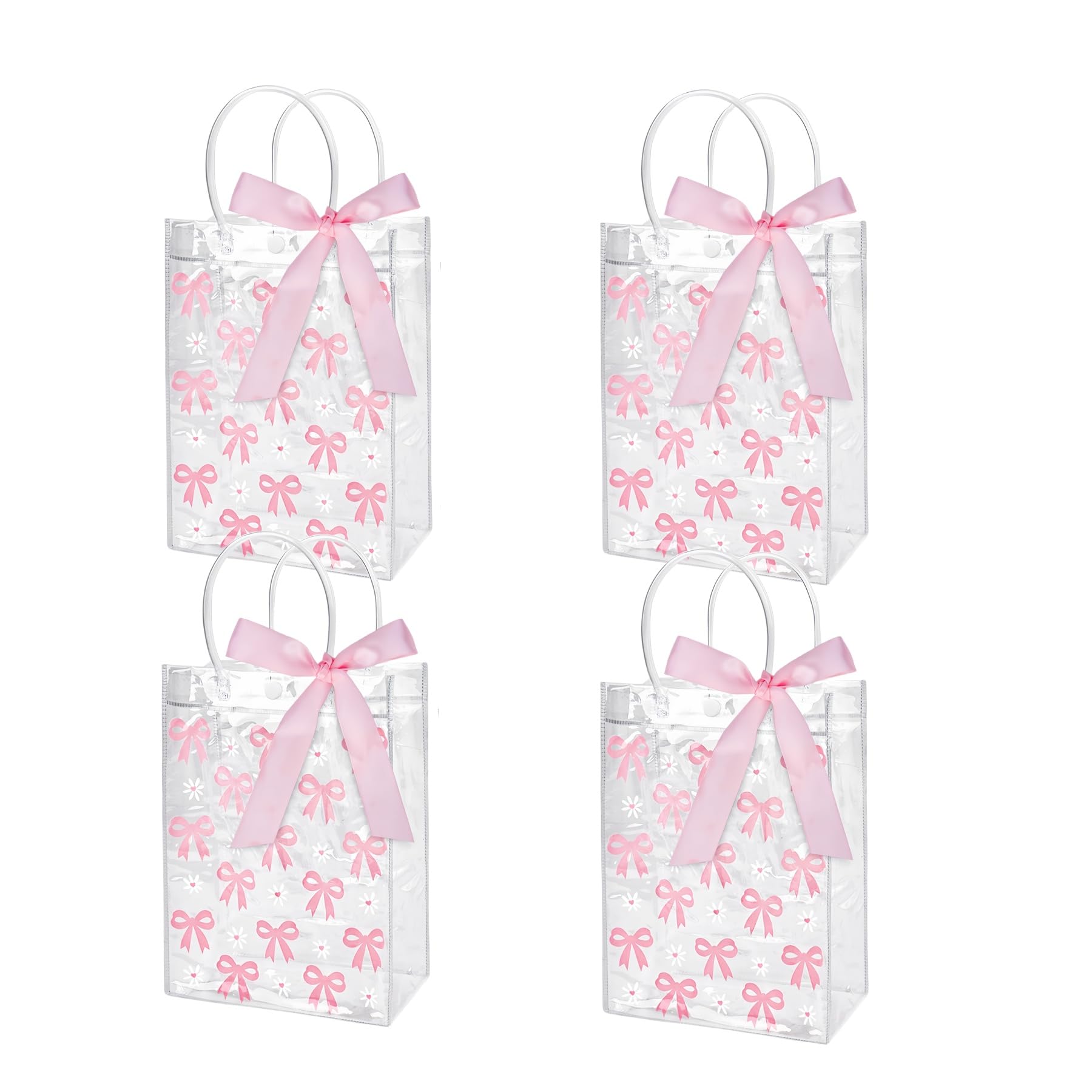 Dmnnlp 4 Pcs Pink Bow Clear Gift Bags, Girls Birthday Bag with Handle Ribbon Bow, Party Pink Bags for Birthdays Wedding Baby Shower Mother's Day Bachelorette Hen Party