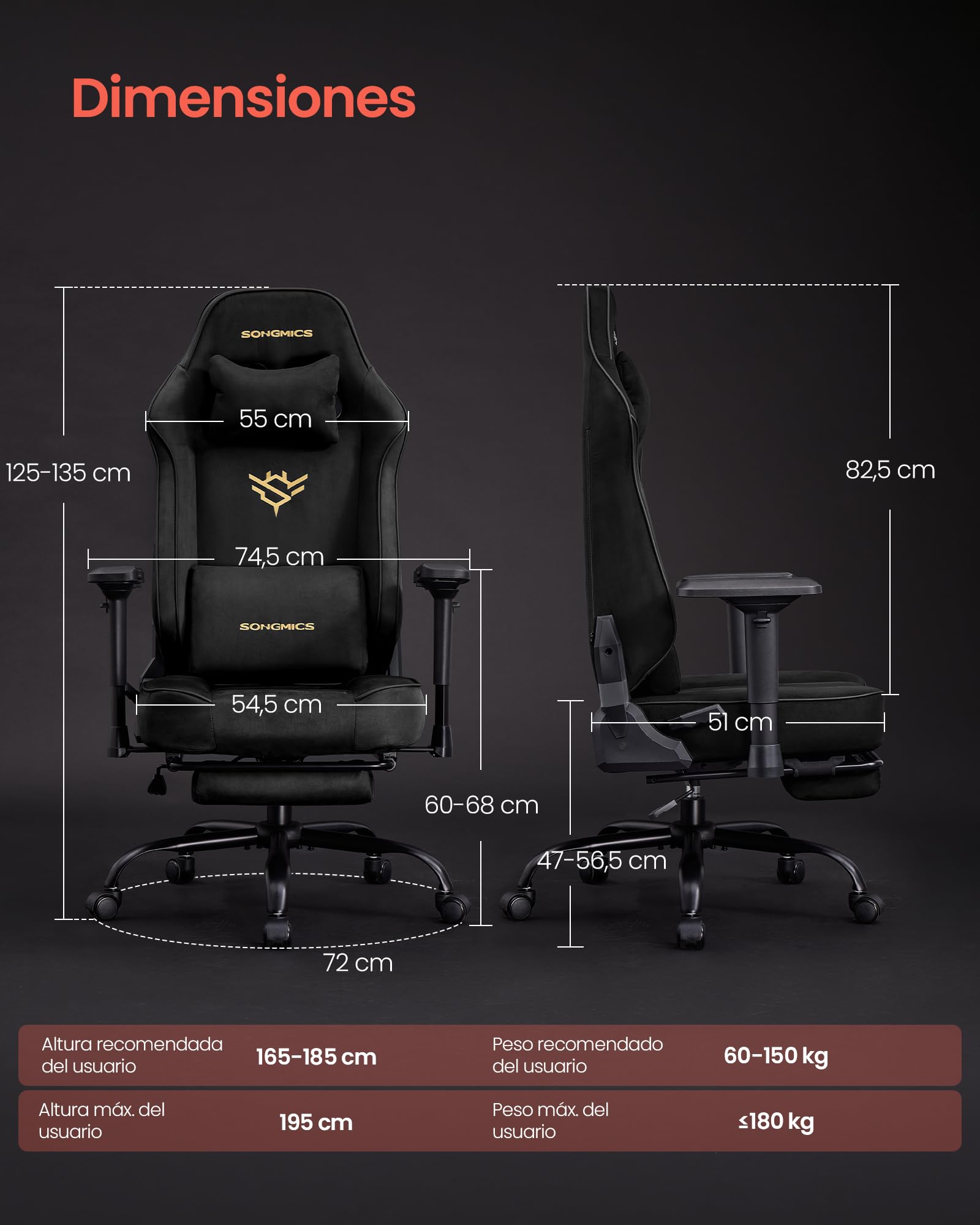SONGMICS Silla Gaming Ergonómica de Escritorio, Tela de Ante, hasta 200 kg | Con Reposapiés, Reposabrazos 4D, Reclinable, 72 x 72 x (125-135) cm, Negro Tinta, Colección CATHY OBG095BH01