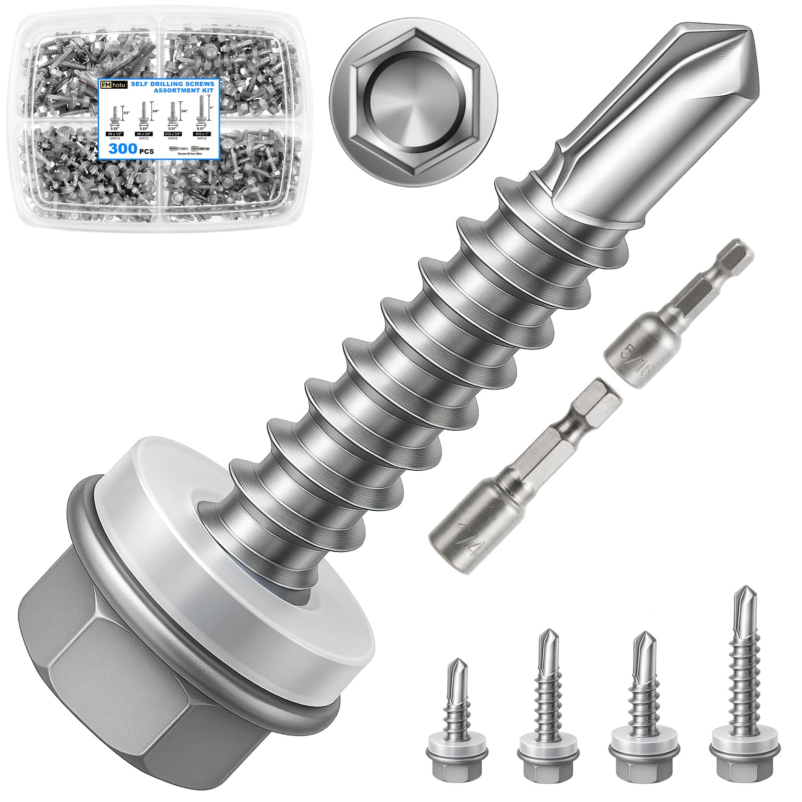 300Pcs Self Tapping Screws Assortment Kit, Self Drilling Screws for Metal, #8 1/2" 3/4" #10 3/4" 1", Sheet Metal Screws with Hex Washer Head
