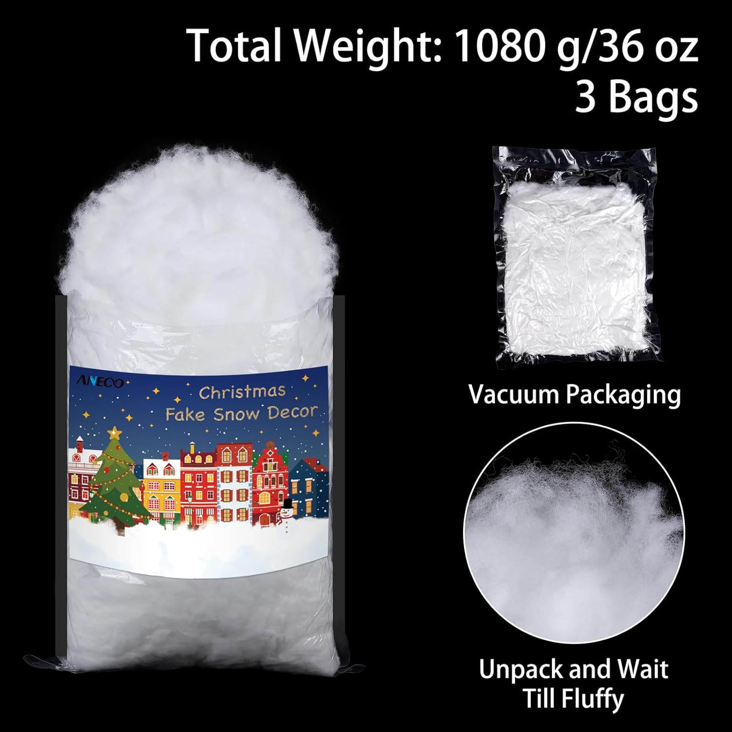 ANVAVO 36 Ounces Christmas Fake Snow Decor Indoor Outdoor Soft Fluffy Cotton Snow Artificial Snow for Christmas Village Crafts Christmas Tree, Nativity and Winter Display Decorations, 3 Bags