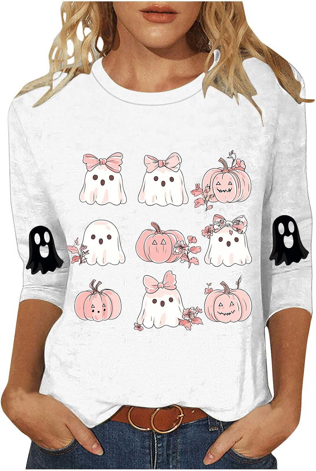Halloween 3/4 Sleeve Shirts for Women Retro Spooky Season Ghost Print Graphic Tees Casual Crewneck Tunic Tops