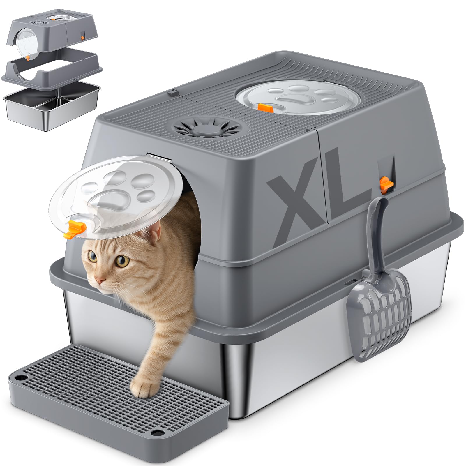 Lettiera per Gatti in Acciaio Inox, 60 * 40 * 39CM Grande Lettiera Chiusa in Metallo, Lettiera Gatto Chiusa con stuoia strato e pala per lettiera,Staccabile, prova perdite e facile pulire
