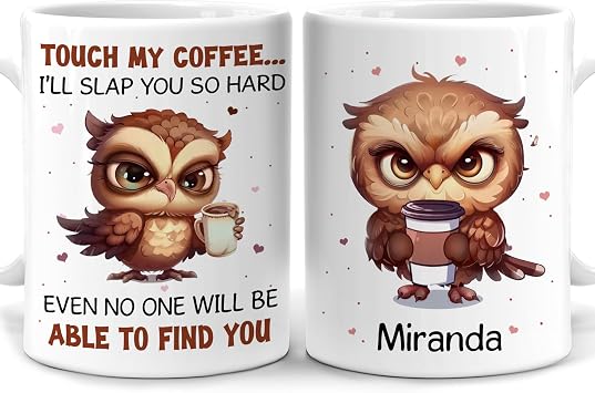 Personalized Owl Mug - Customized Cute Animals Mug - Funny Baby Owl With Coffee Mug - Designs Owl Mug - Birthday Christmas Gifts - Custom Name 11oz White Ceramic Coffee Tea Cup