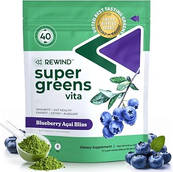 Rewind Best Tasting Super Greens Powder with 40+ Superfoods Delicious Daily Green Powder with Vitamin B12, Zinc, Vitamin C, Magnesium & Calcium Green Juice Superfood Mix - Blueberry Acai Flavor