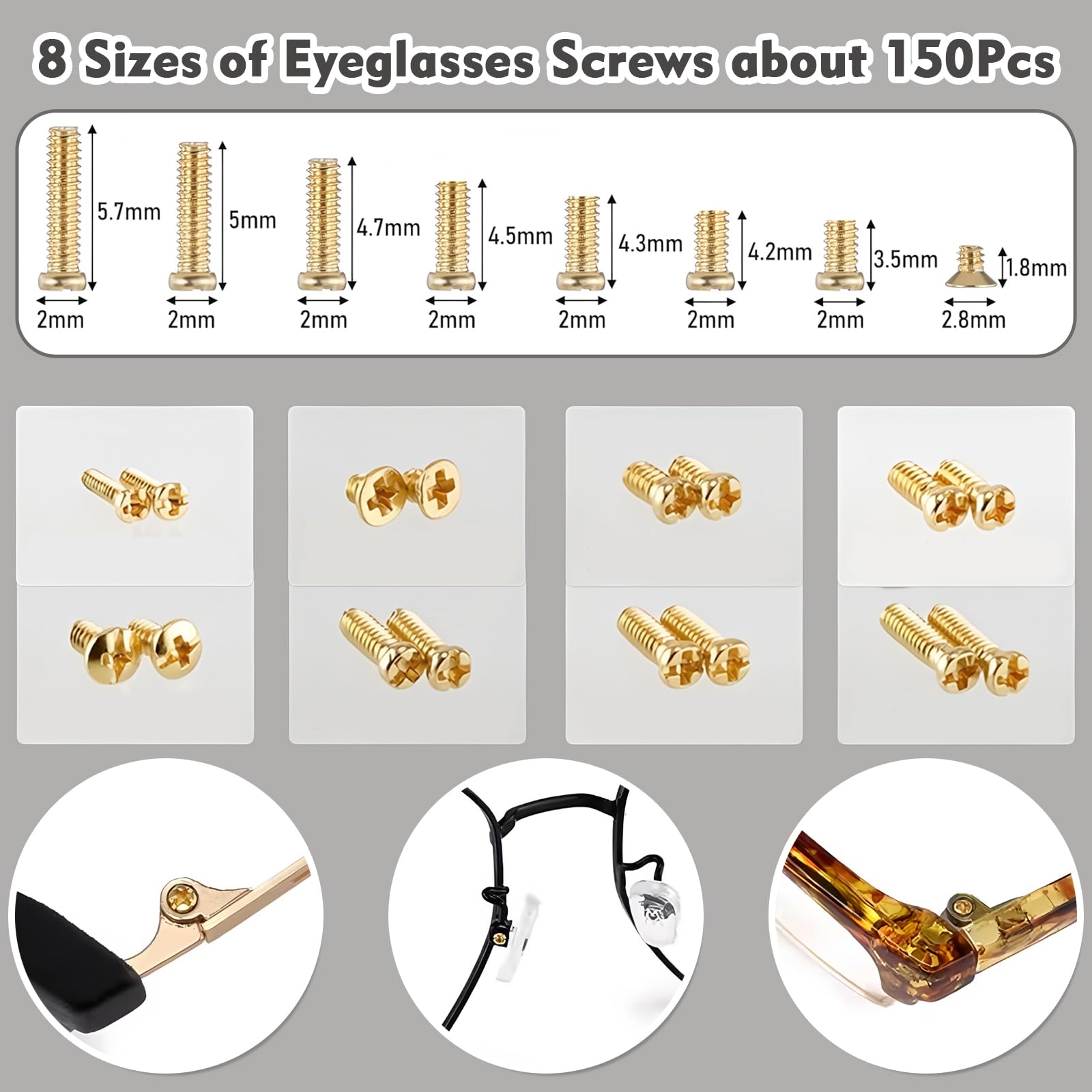 NICECONE Gold Eyeglass Repair Kit 150PCS, Glasses Repair Tool Set including Screws (Gold), Nose Pads, Screwdrivers, Tweezers - Image 2