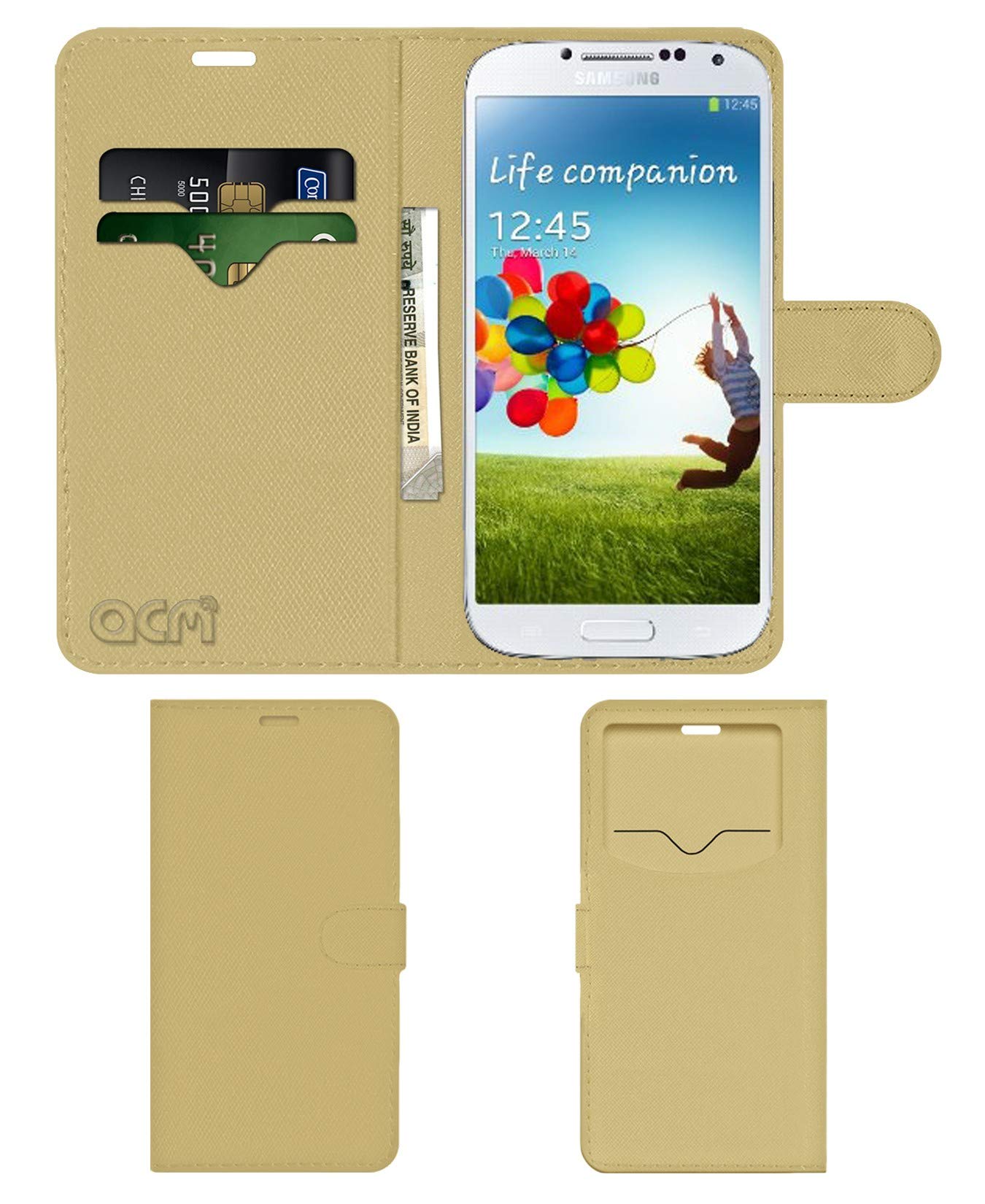 ACM Leather Window Flip Wallet Front & Back Case Compatible with Samsung Galaxy S4 I9500 Mobile Cover Golden