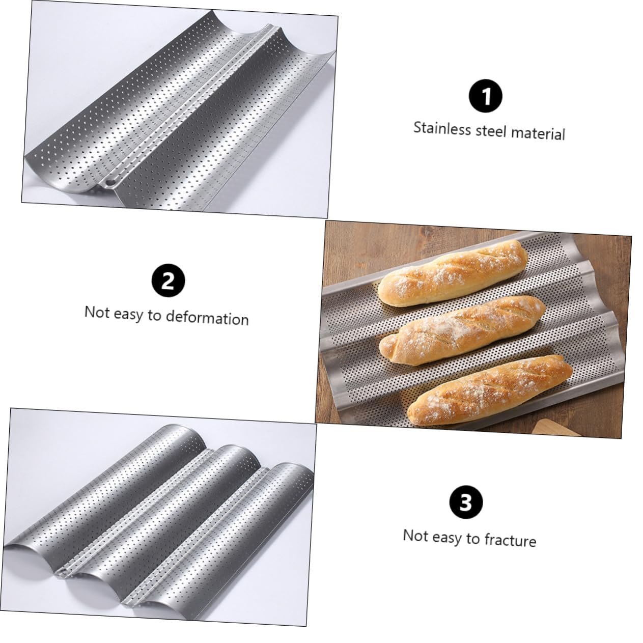 Molde para Pan Francés Ondulado Antiadherente Plateado Mediano y Pequeño, Bandeja para Hornear 3 y 2 Ranuras, Acero Duradero, para Cocina y Repostería, Set de 2 Piezas