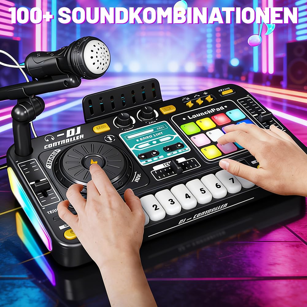 Dj Pult per bambini, mixer DJ con microfono, Dj Pult principianti, mixer Dj bambini, 100+ effetti sonori, luce, regalo giocattolo per ragazzi ragazze 3-10 anni, per streaming, canto