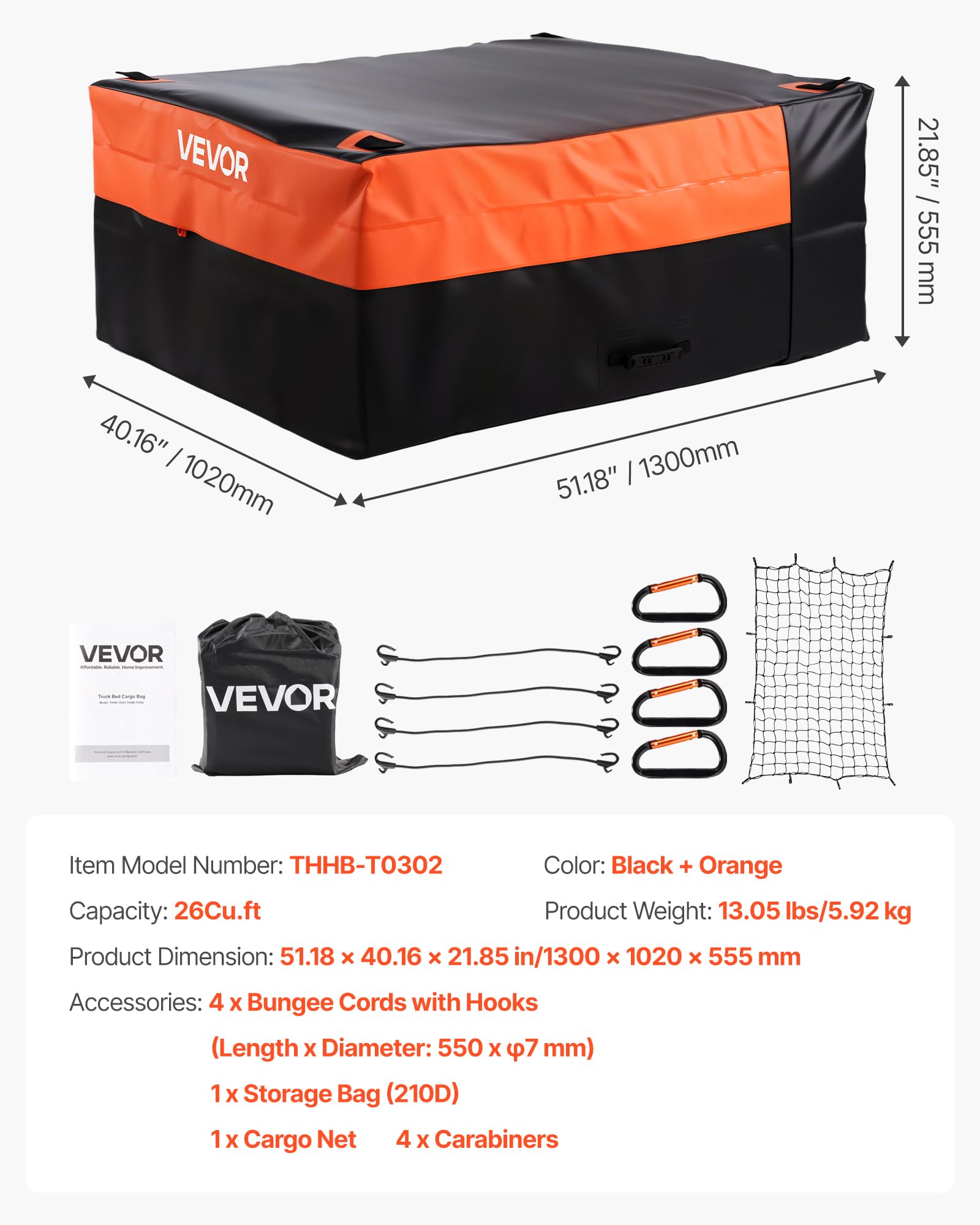 VEVOR Gepäckträgertasche Ladeflächentasche aus wasserdichtes 840D-PVC (0,736 m³), Gepäcktasche zur Aufbewahrung auf der Ladefläche von Lkws mit Ladungsnetz für PKW SUVs Vans Schwarz Orange