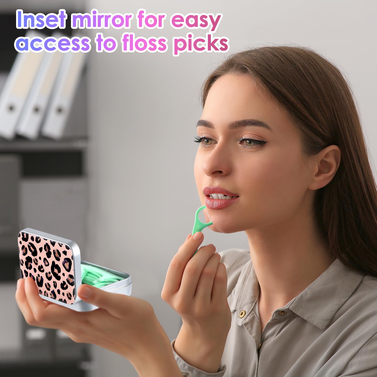Funda portátil para hilo dental, fácil de almacenar púas de varios tamaños, dispensador de hilo dental portátil perfecto para viajes, hoteles, cenas, citas. Estampado de leopardo