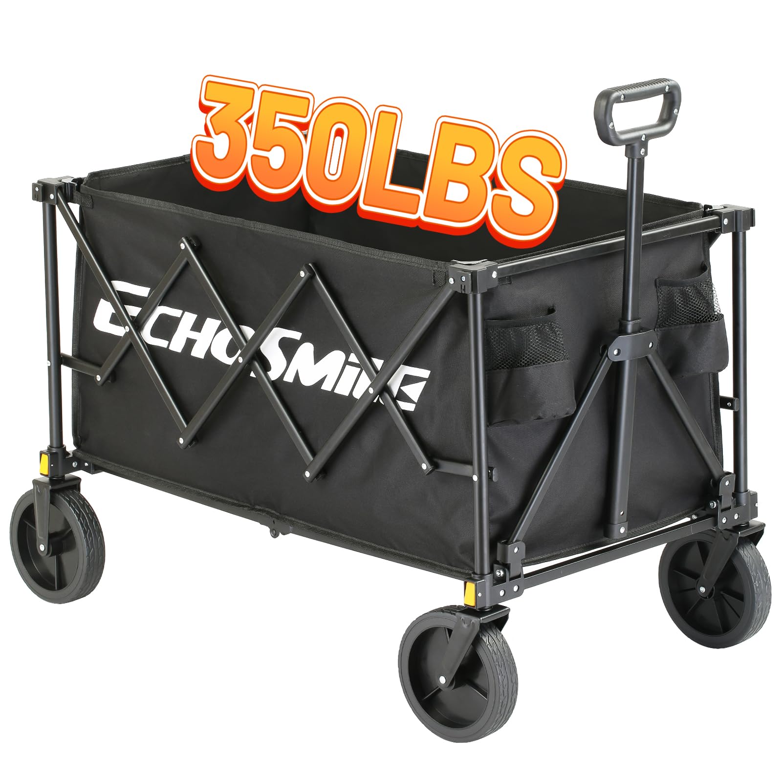 EchoSmile Heavy Duty 350 Lbs Capacity Collapsible Wagon, Outdoor Folding Camping Grocery Portable Utility Cart, Adjustable Rolling Carts, All Terrain Sports Beach Wagon with Big Wheels Black…