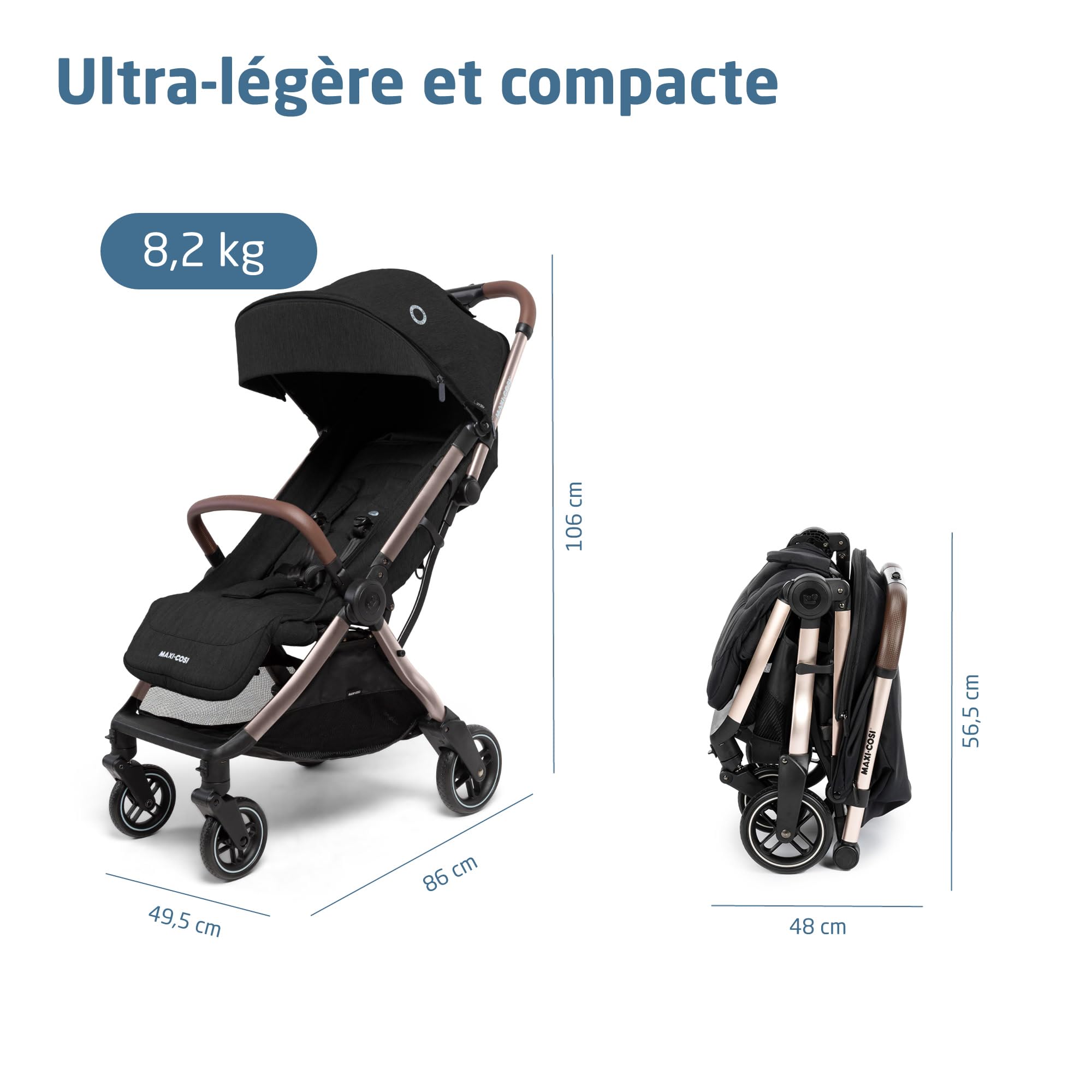 Maxi-Cosi Eva3 Poussette, 0 - 4 ans, 0 - 22 kg, Poussette Bebe, Légère, Compacte, Position Allongée, 3 Positions d'Inclinaison, Pliage Automatique, Sangle de transport, Essential Black Champagne