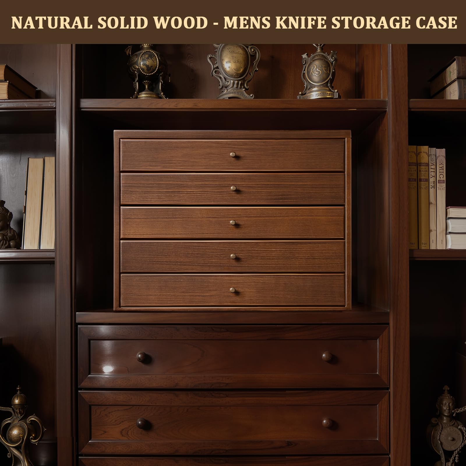 5 Étages Présentoir à Couteaux, Grande Vitrine à Couteaux pour Plusieurs Couteauxs Pliants, Vertical Coffret Poignard avec Tiroir, Support à Couteauxs en Bois pour Collections, Cadeau (Noyer)