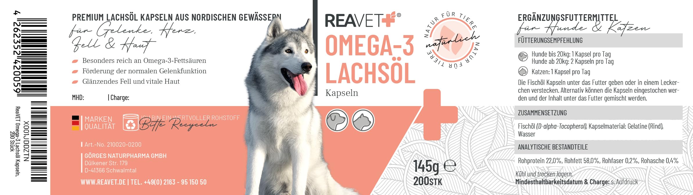 ReaVET Capsule di olio di salmone per cani, 200 pezzi, Omega 3 olio per cani, olio di salmone, capsule per cani, olio di pesce ad alto dosaggio, per uso alimentare