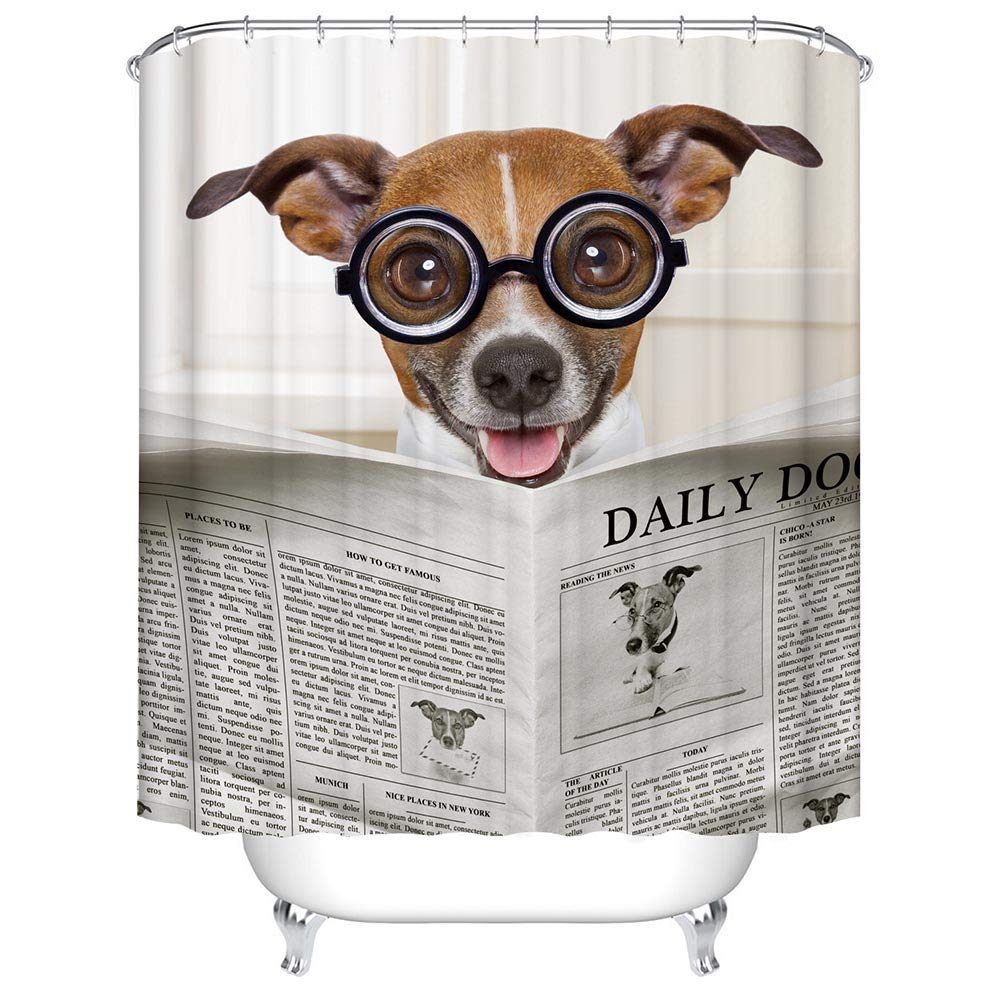 BOYOUTH Funny Dog Reading Newspaper Wearing Glasses Pattern Digital Print Bath Shower Curtains for Bathroom Decor,Polyester Waterproof Fabric Bath Curtain with 12 Hooks,70x70 Inches,Multicolor
