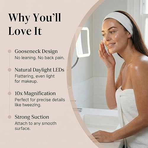 Miniatura 5 de Fancii espejo de aumento flexible 10X con luz LED y cuello de ganso, espejo de maquillaje para viajes iluminado, succión con traba, luz LED natural,